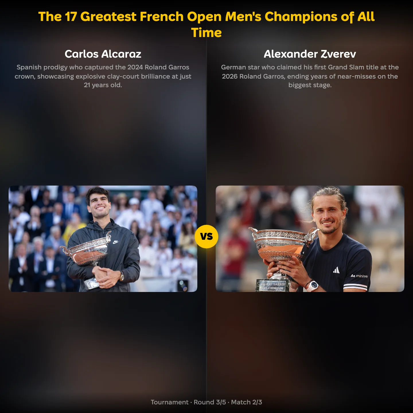 The greatest French Open men's champions of all time ranked, with Carlos Alcaraz against Alexander Zverev