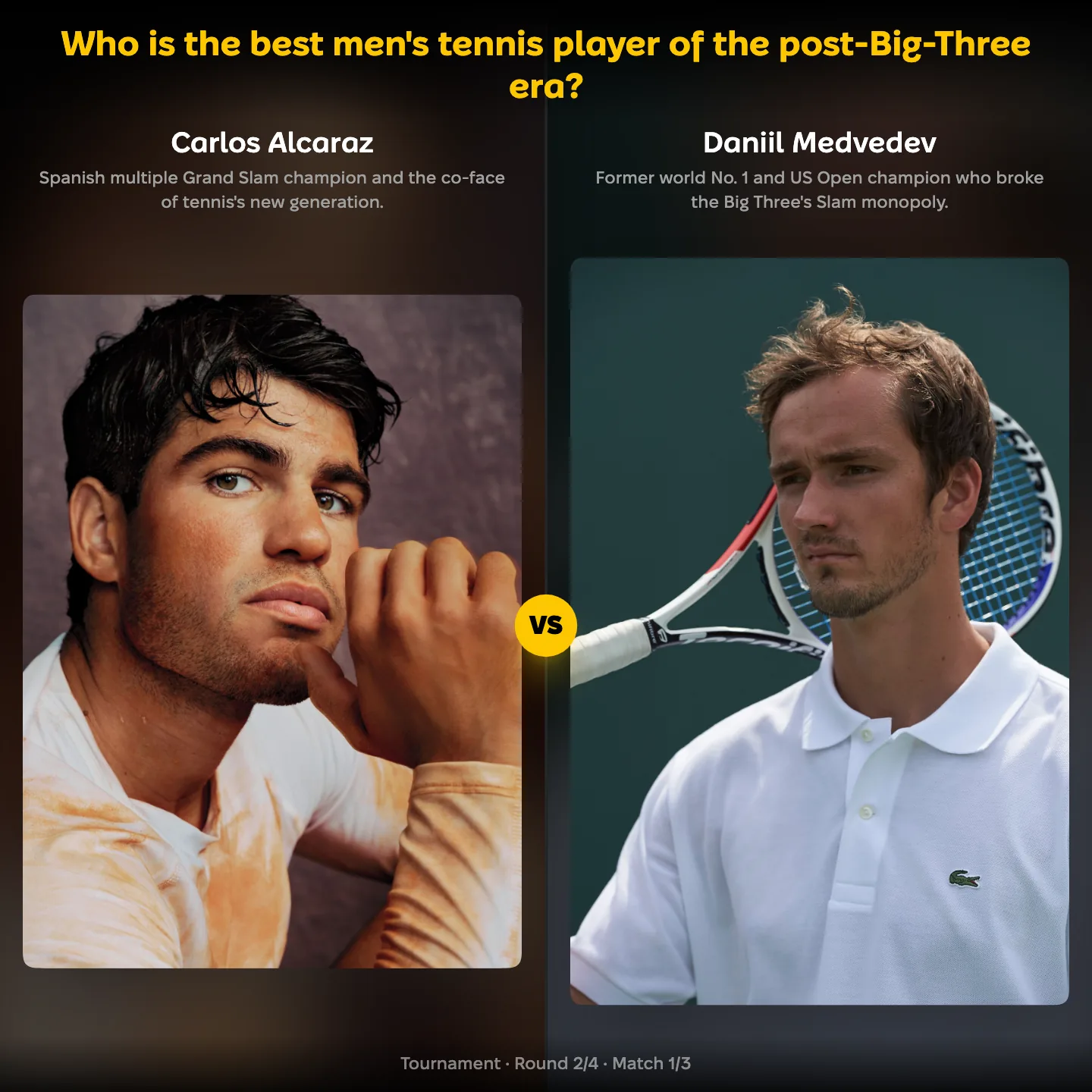 The best men's tennis player of the post-Big-Three era ranked, with Carlos Alcaraz against Daniil Medvedev