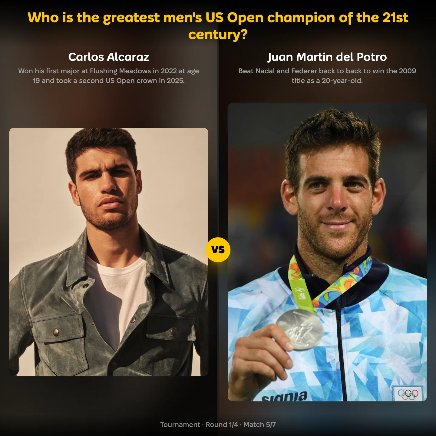 The greatest men's US Open champion of the 21st century ranked, with Carlos Alcaraz against Juan Martin del Potro