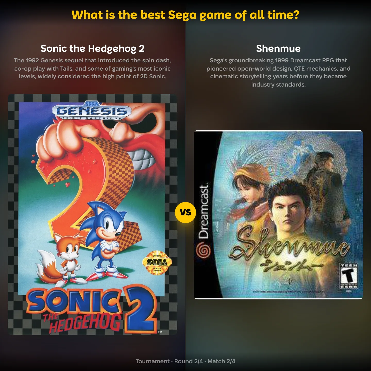 The best Sega game of all time ranked, with Sonic the Hedgehog 2 against Shenmue