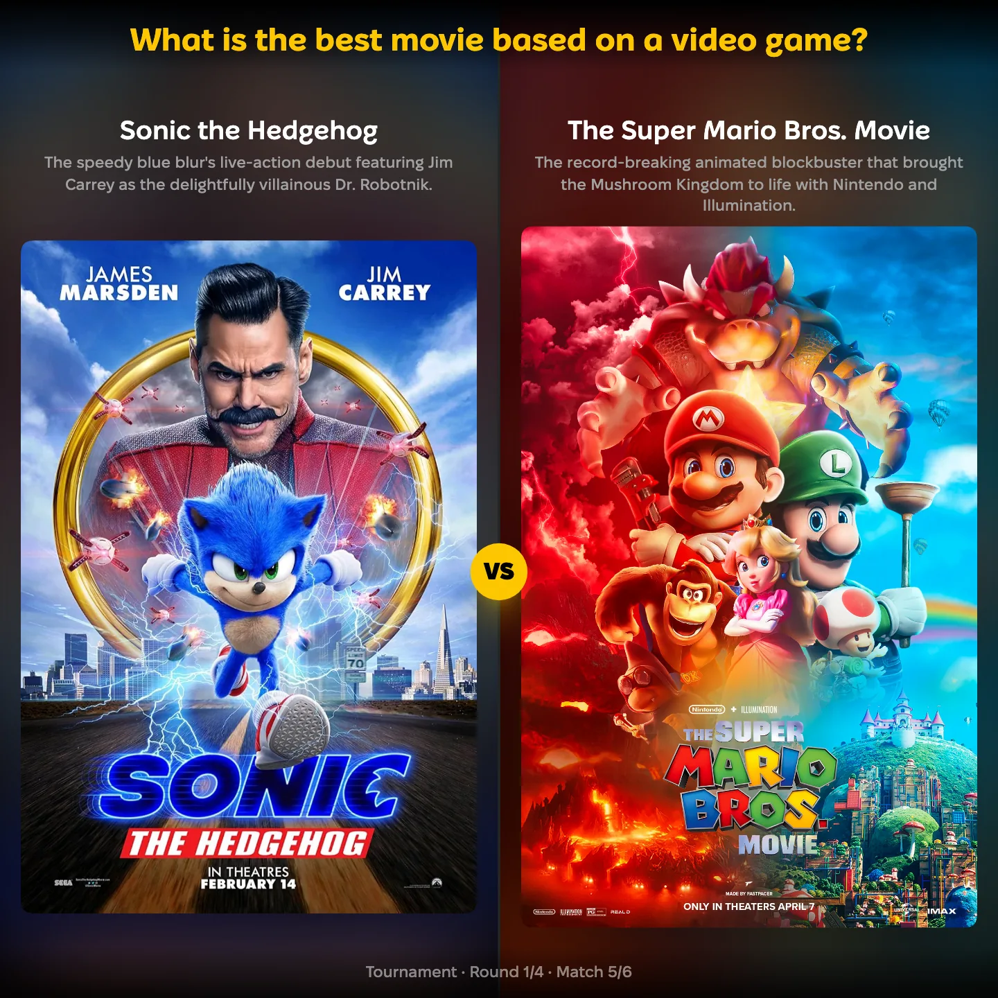 The best movie based on a video game ranked, with Sonic the Hedgehog against The Super Mario Bros. Movie