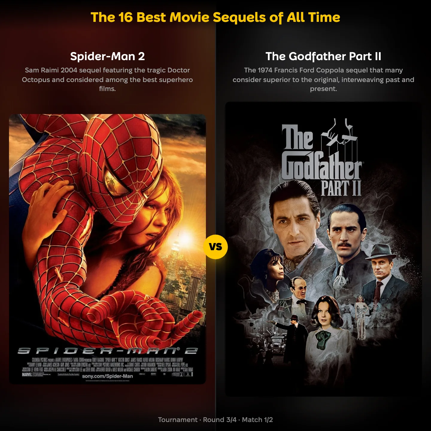 The 16 Best Movie Sequels of All Time, with Spider-Man 2 against The Godfather Part II