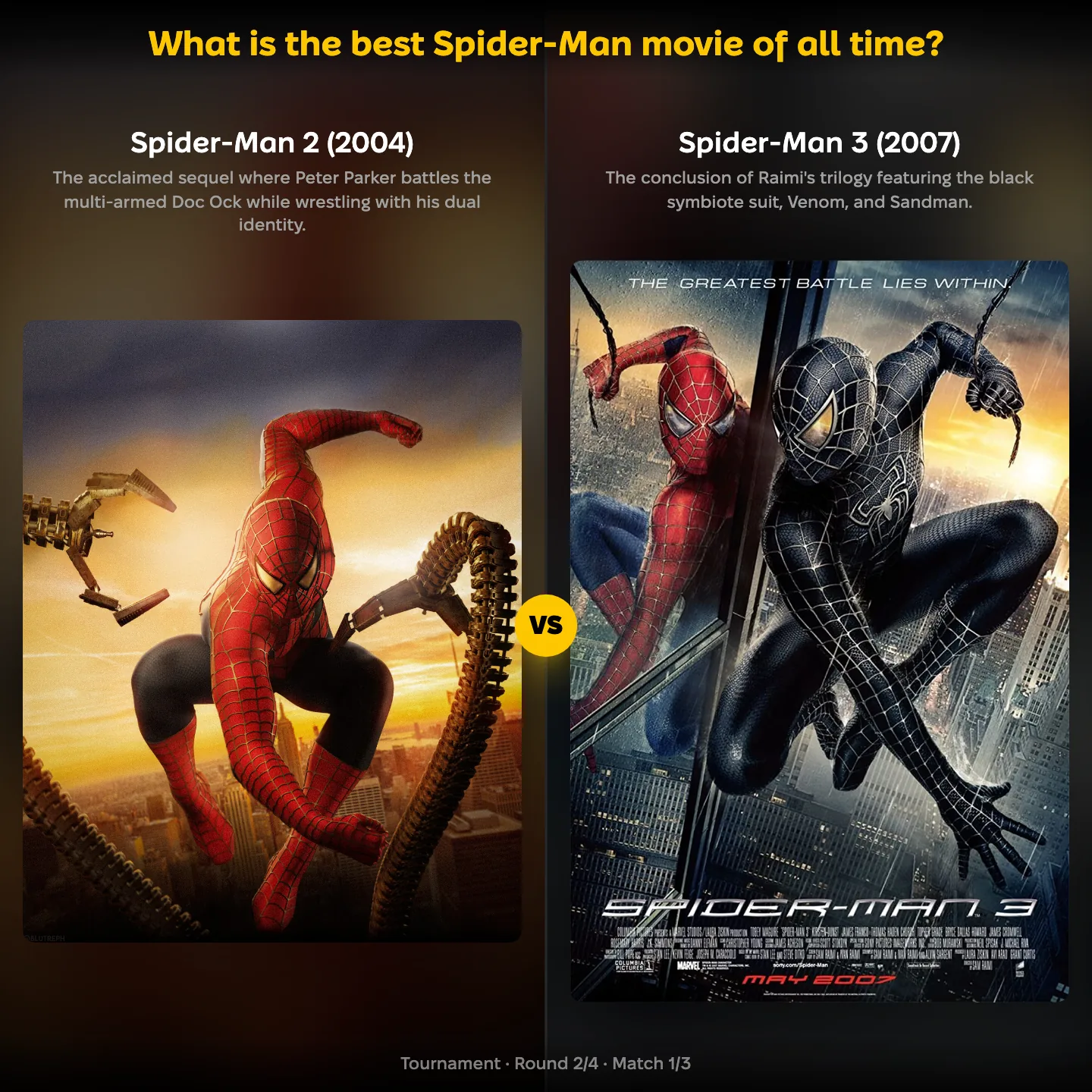 What is the best Spider-Man movie of all time? Spider-Man 2 against Spider-Man 3 in the ranking's matchup screen