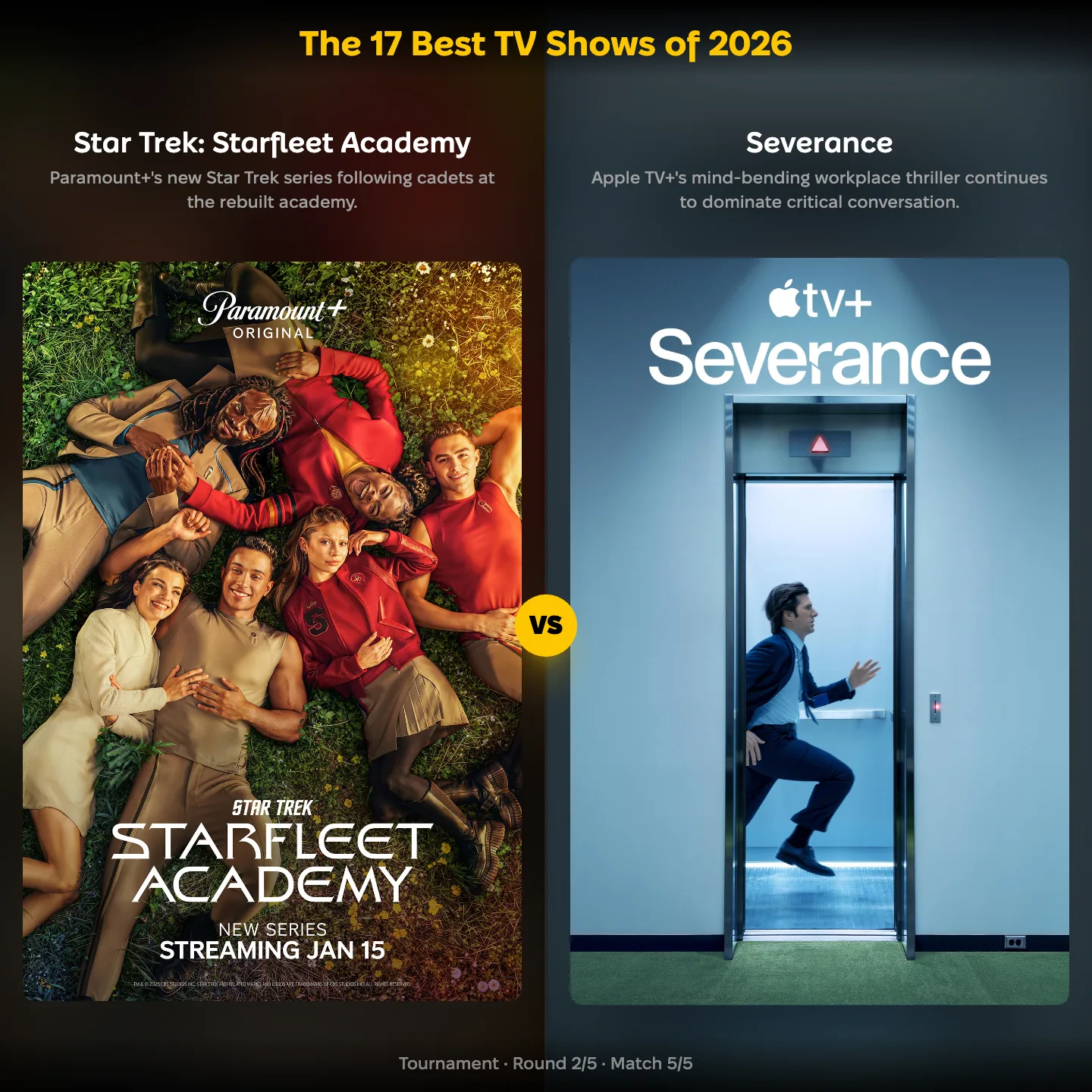 The 17 Best TV Shows of 2026 ranking, with Star Trek: Starfleet Academy against Severance