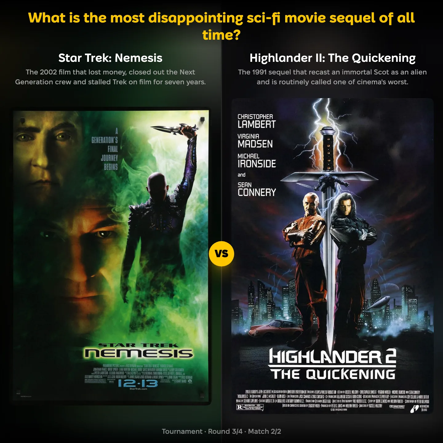 What is the most disappointing sci-fi movie sequel of all time? ranking, with Star Trek: Nemesis against Highlander II: The Quickening