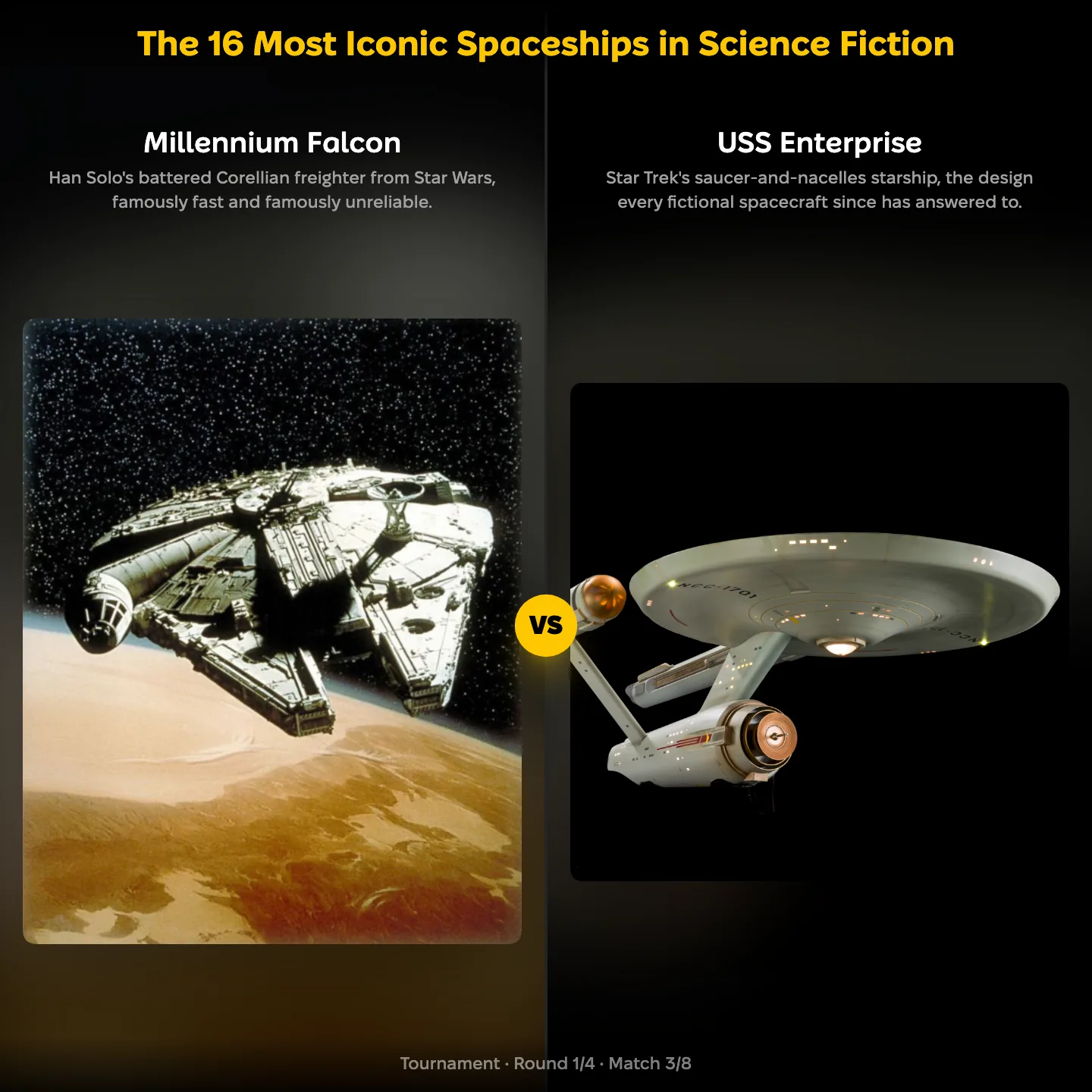 The 16 Most Iconic Spaceships in Science Fiction ranking, with the Millennium Falcon against the USS Enterprise