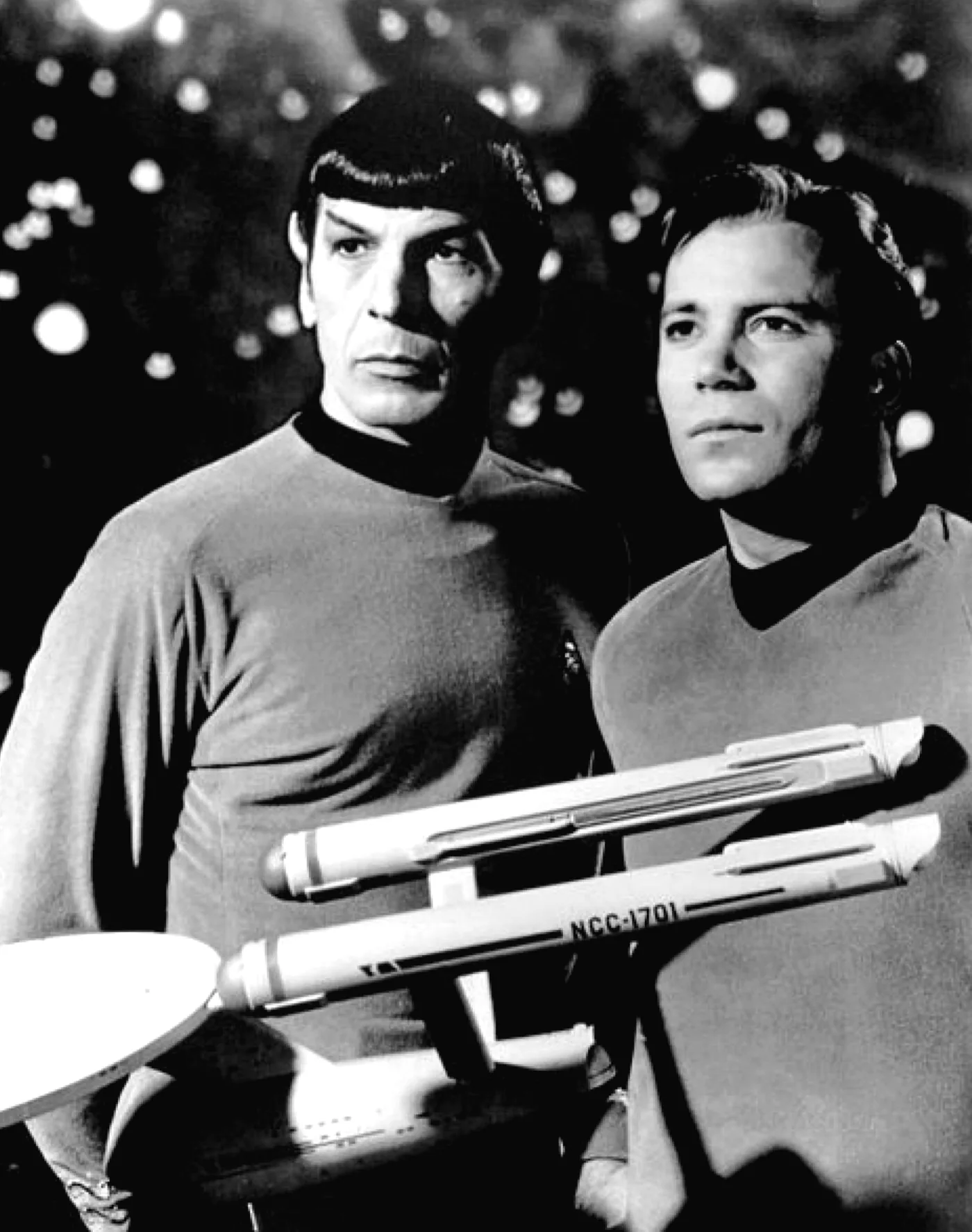 Leonard Nimoy as Spock and William Shatner as Captain Kirk with a model of the USS Enterprise, 1968