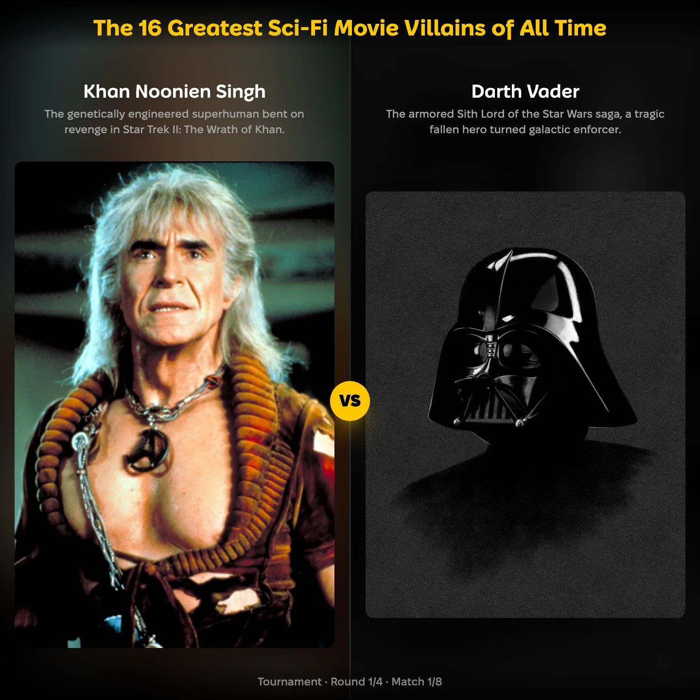 The 16 Greatest Sci-Fi Movie Villains of All Time ranking, with Khan Noonien Singh against Darth Vader
