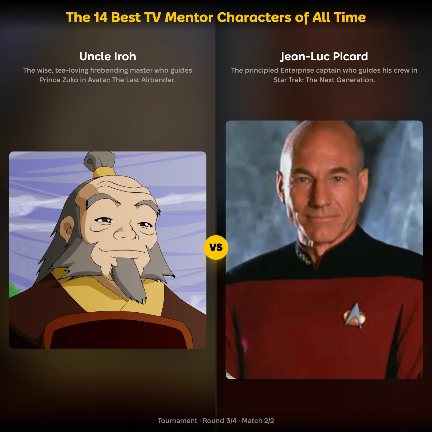 The 14 Best TV Mentor Characters of All Time ranking, with Uncle Iroh against Jean-Luc Picard
