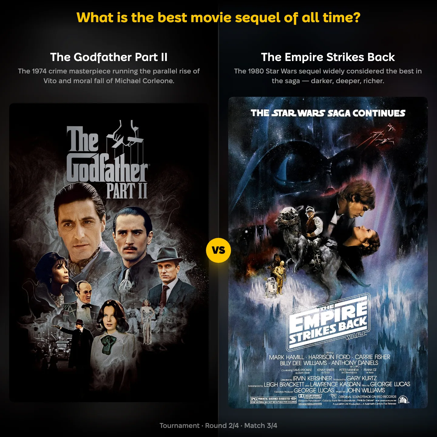 The best movie sequel of all time ranked, with The Godfather Part II against The Empire Strikes Back