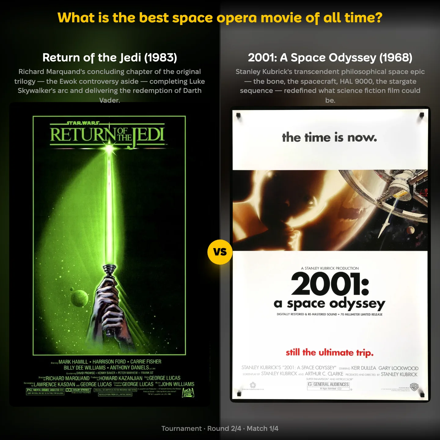 The best space opera movie of all time ranked, with Return of the Jedi against 2001: A Space Odyssey