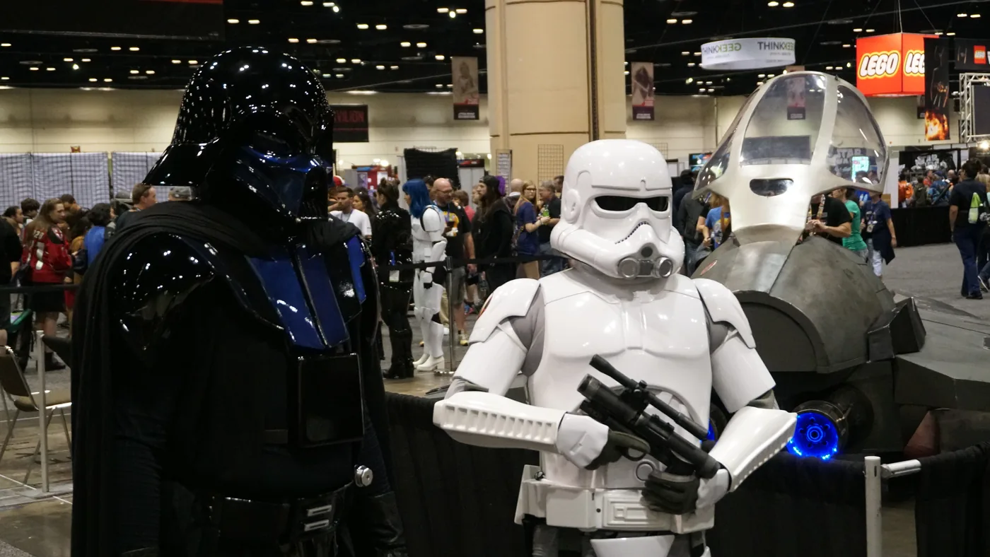 Darth Vader and a stormtrooper in costume at Star Wars Celebration