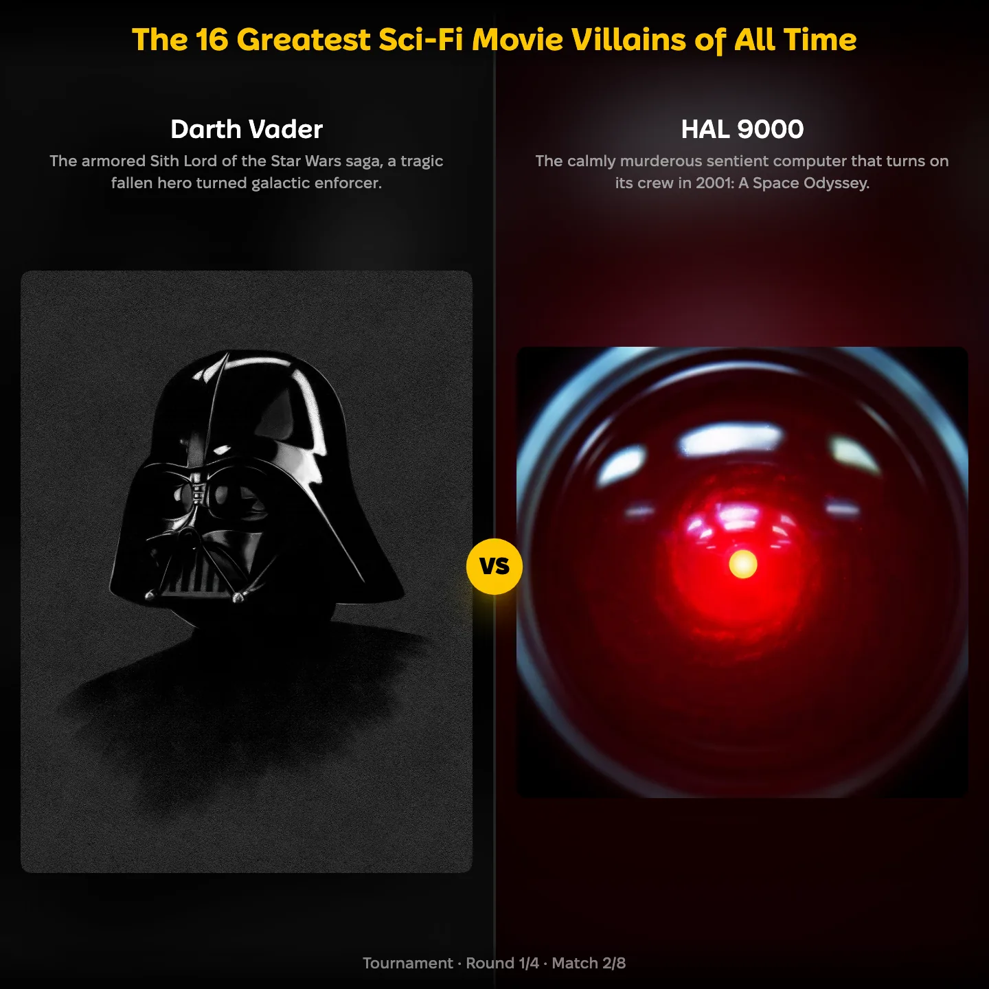 The greatest sci-fi movie villains of all time ranked, with Darth Vader against HAL 9000