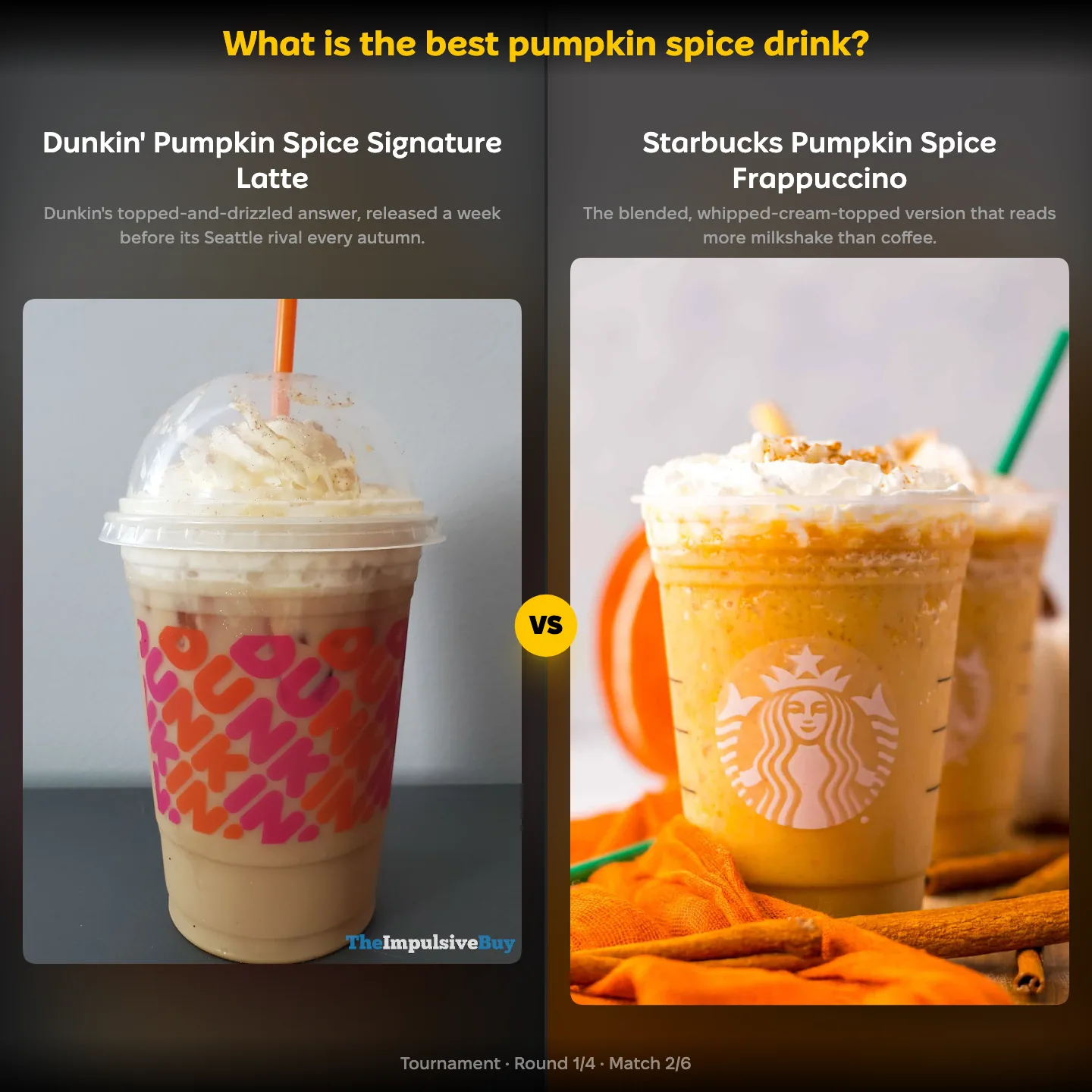 Dunkin' Pumpkin Spice Signature Latte against the Starbucks Pumpkin Spice Frappuccino in the best pumpkin spice drink ranking