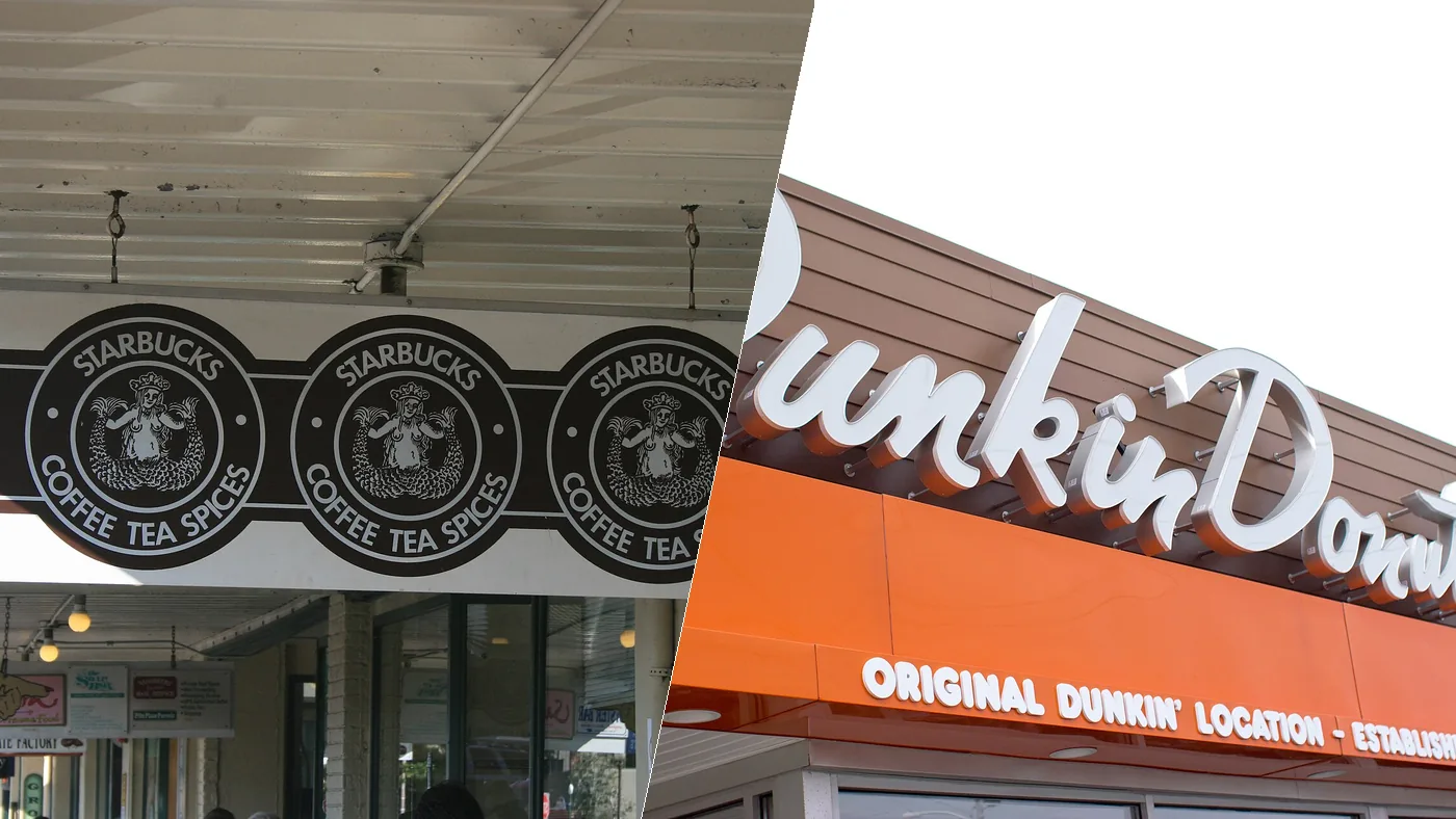 The original Starbucks sign at Pike Place Market in Seattle and the sign on the original Dunkin' location in Quincy, Massachusetts