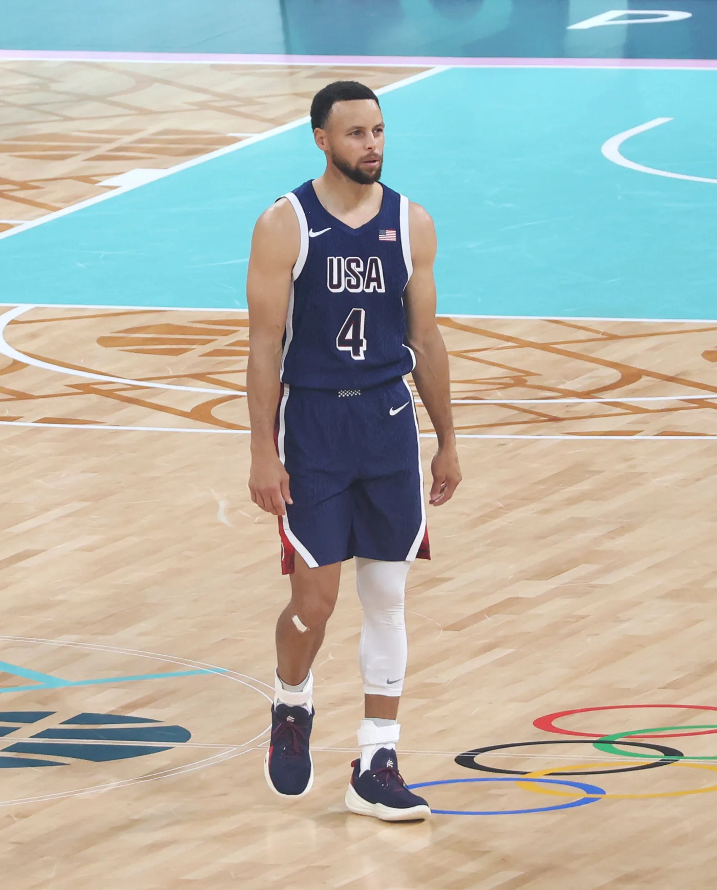 Stephen Curry in the USA number 4 jersey at the Paris 2024 Olympic basketball tournament