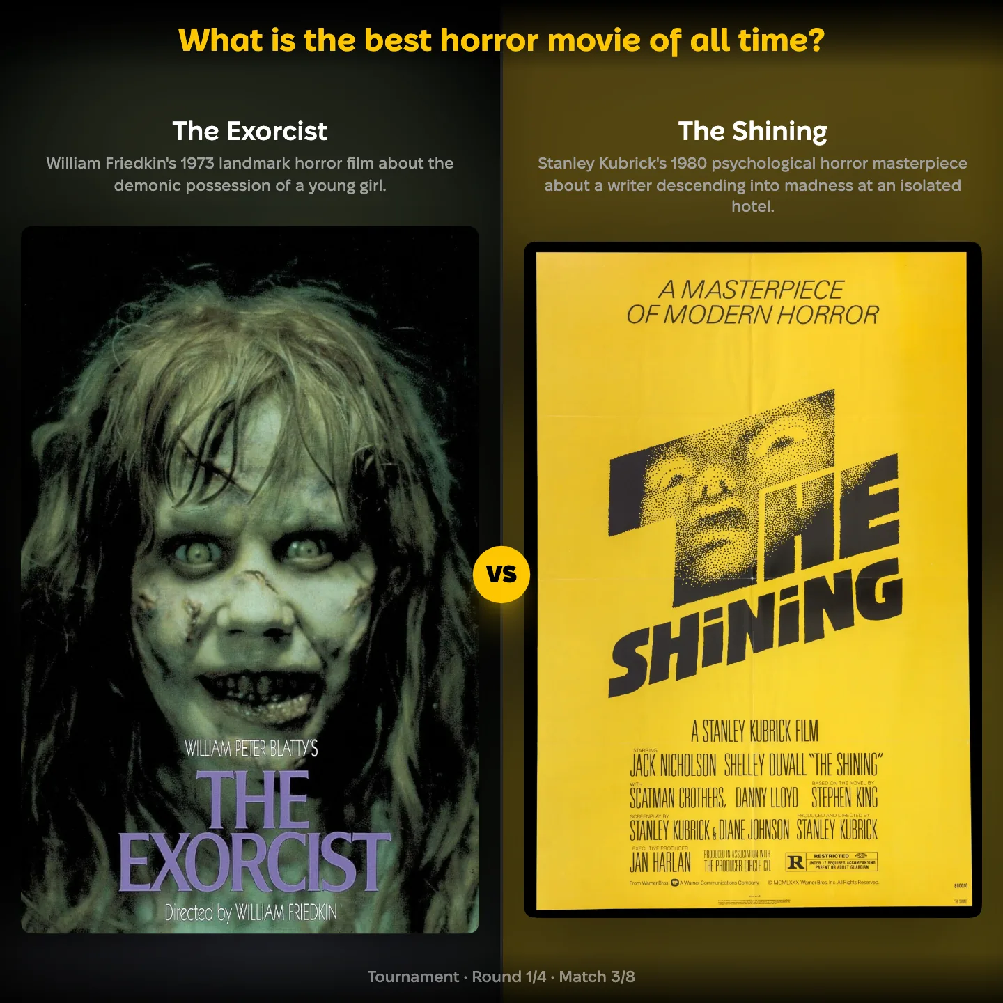 The best horror movie of all time ranked, with The Exorcist set against Stephen King's The Shining