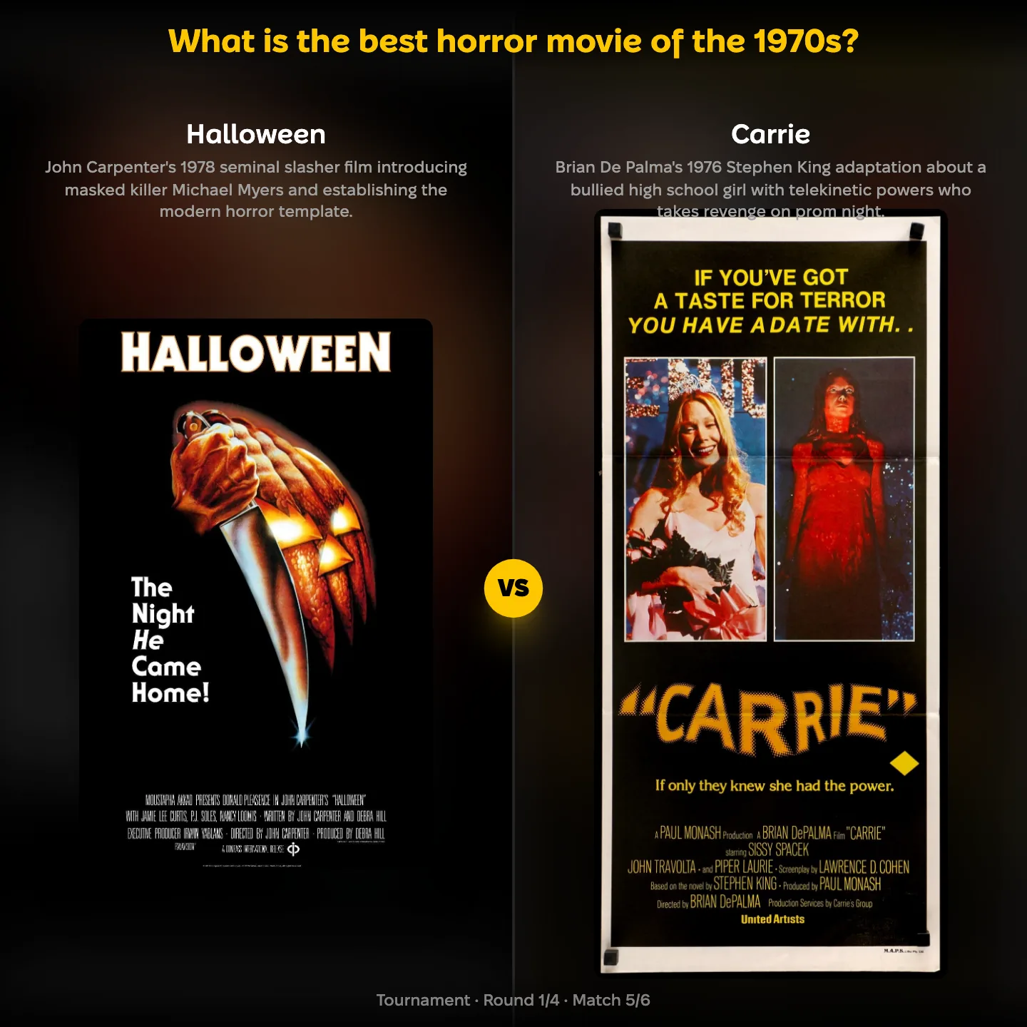 The best horror movie of the 1970s ranked, with Halloween set against Stephen King's Carrie