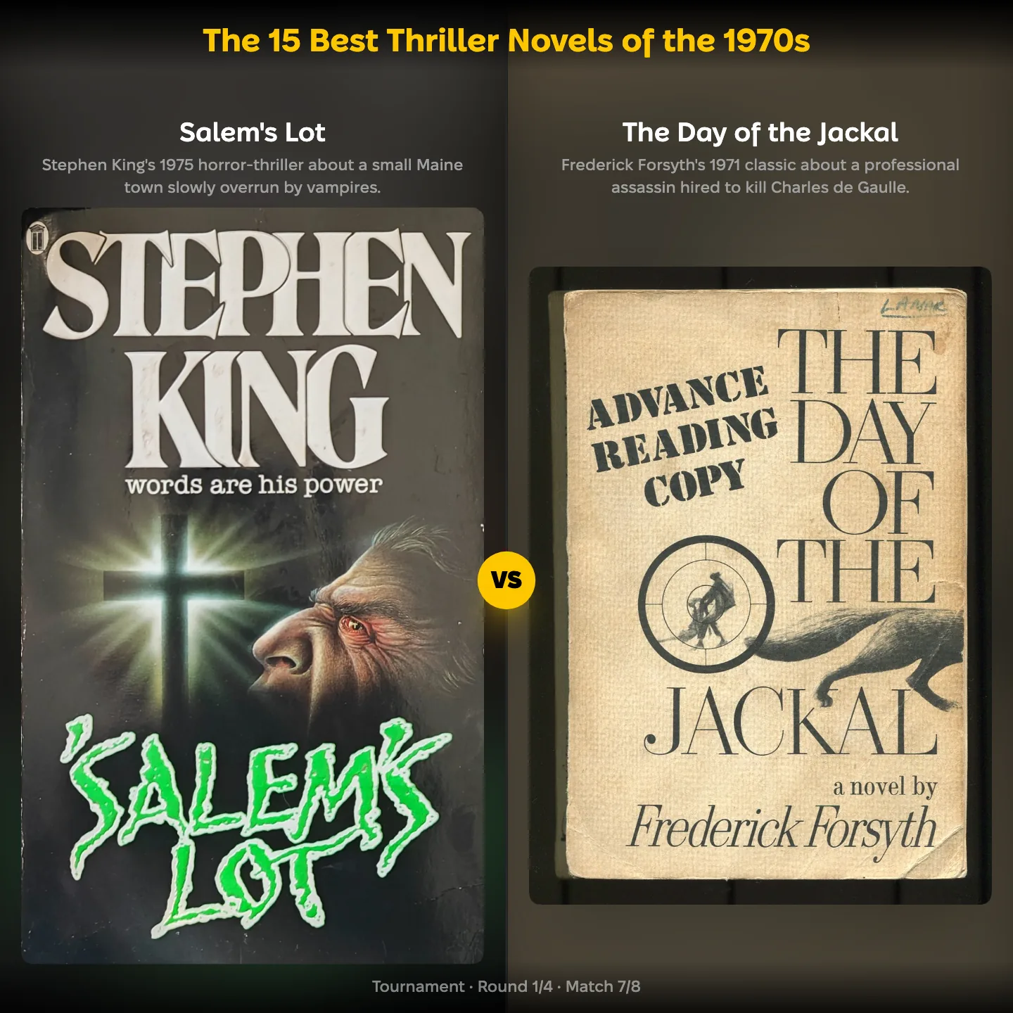 The best thriller novels of the 1970s ranked, with Stephen King's Salem's Lot set against The Day of the Jackal