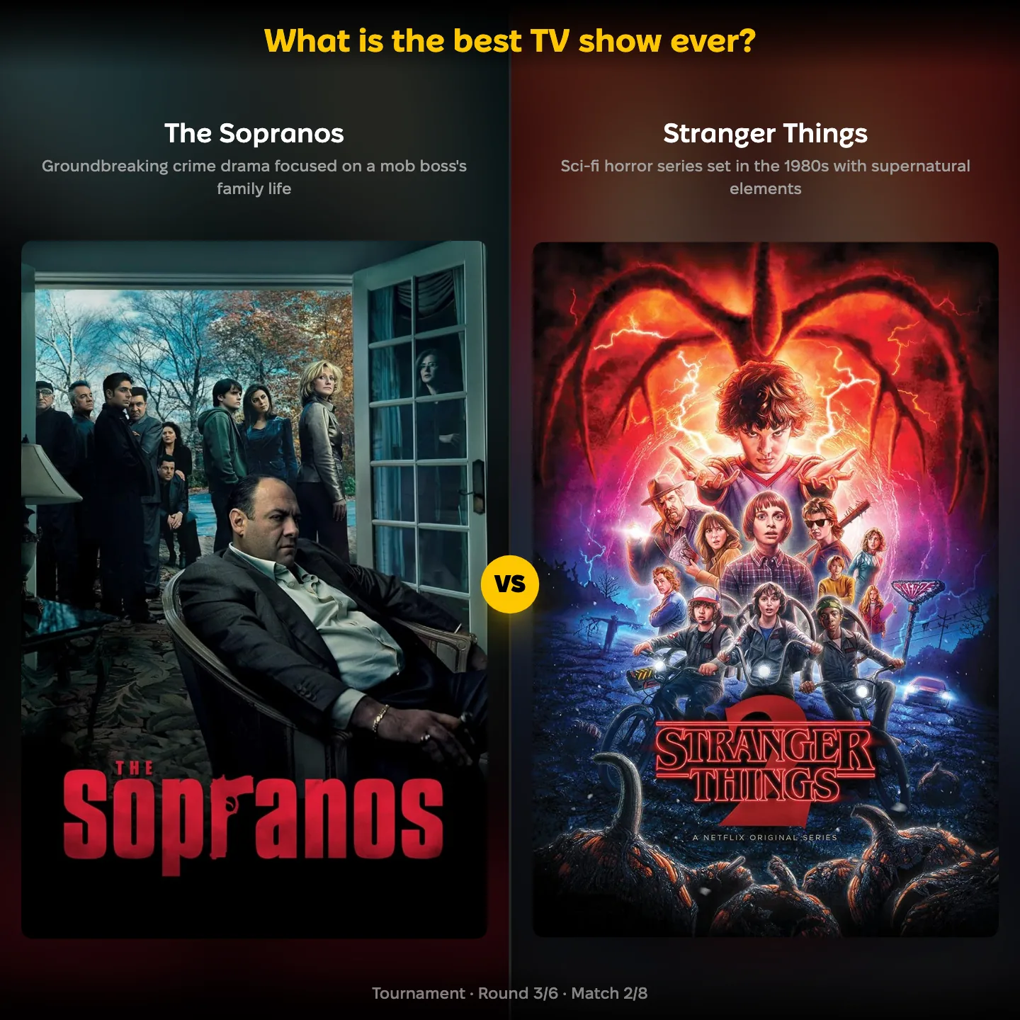 The best TV show ever ranked, with Stranger Things against The Sopranos