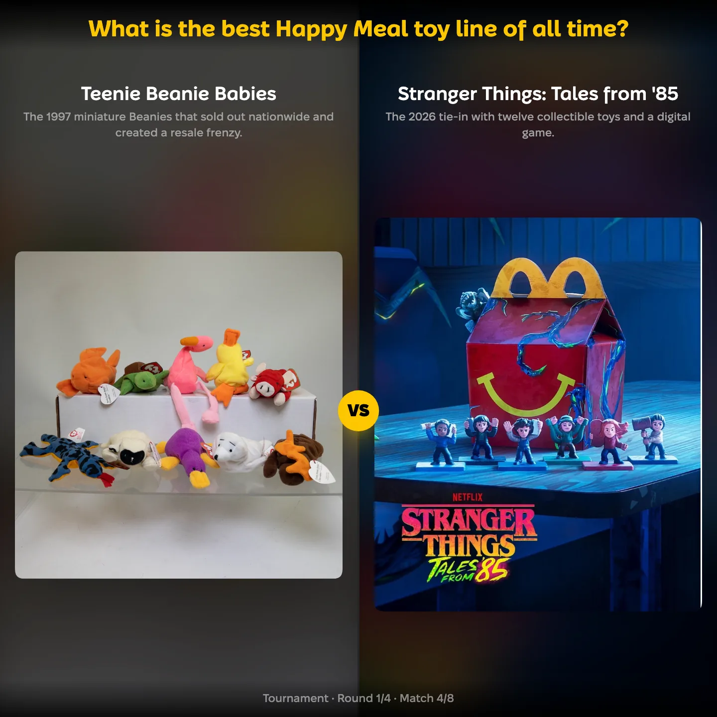 The best Happy Meal toy line of all time ranked, with Teenie Beanie Babies against Stranger Things: Tales from '85