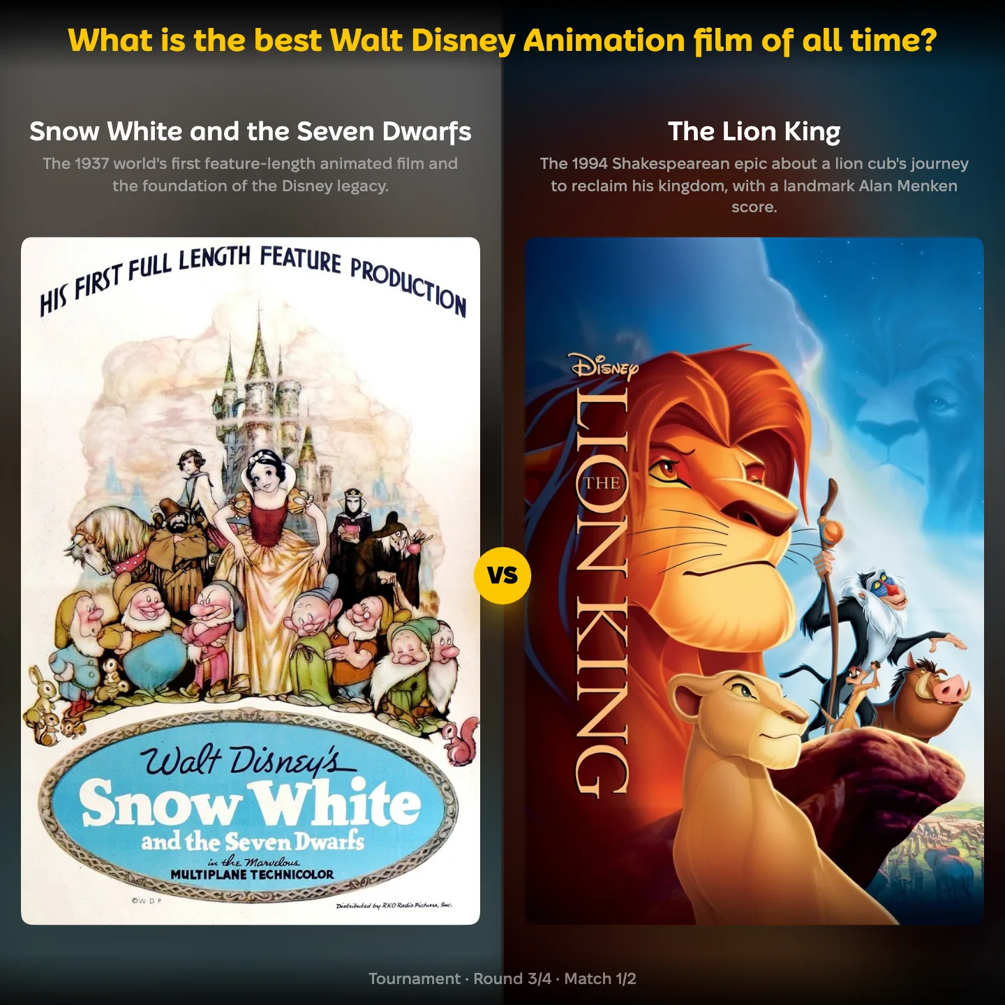 Best Walt Disney Animation film ranking — Disney's Snow White against The Lion King
