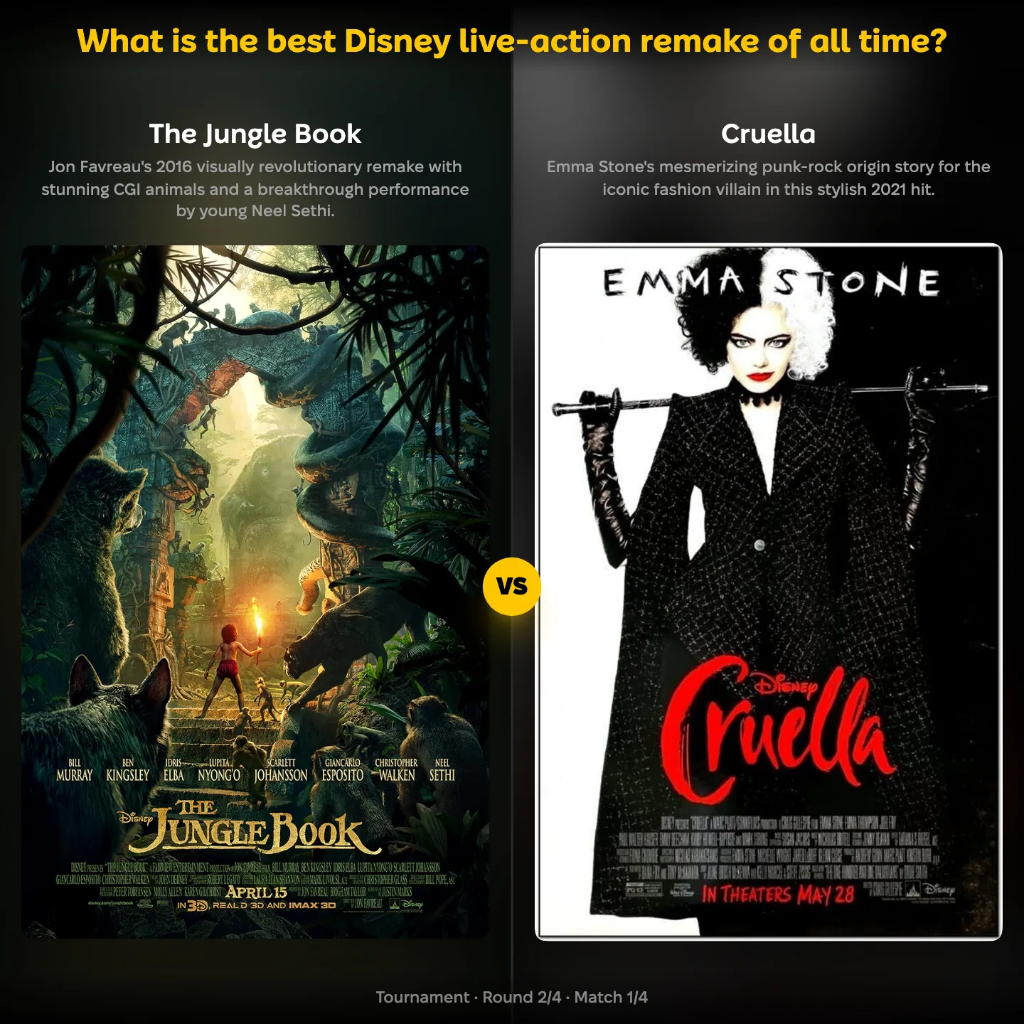 Best Disney live-action remake ranking — The Jungle Book against Cruella