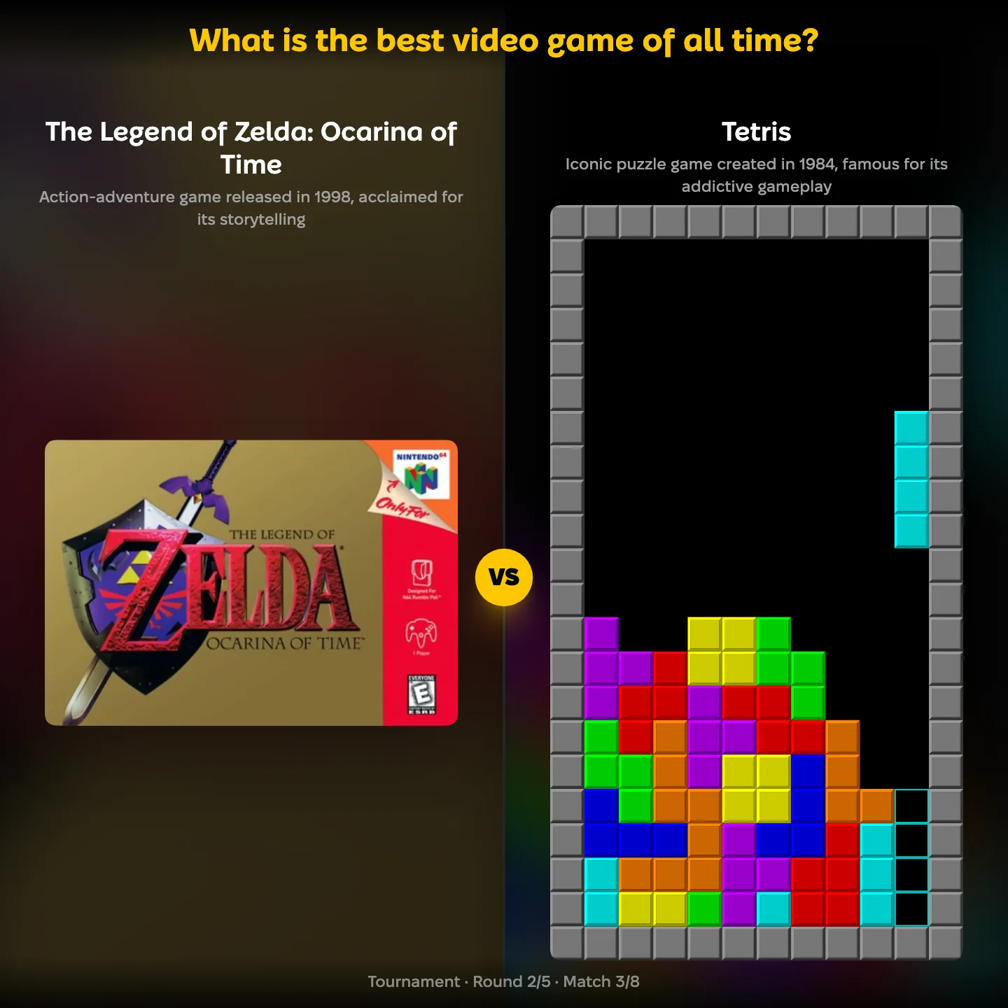 The Legend of Zelda Ocarina of Time against Tetris in the best video game of all time ranking