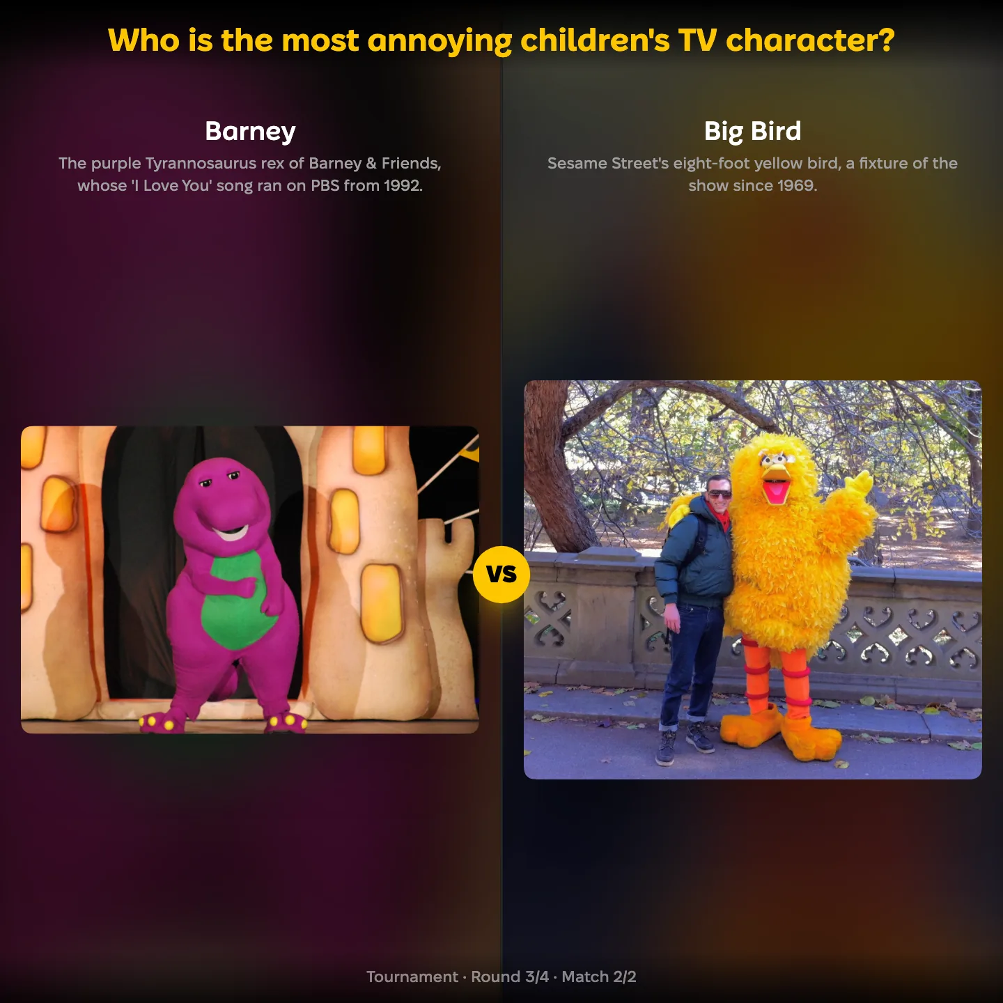The most annoying children's TV character ranked: Barney vs Big Bird