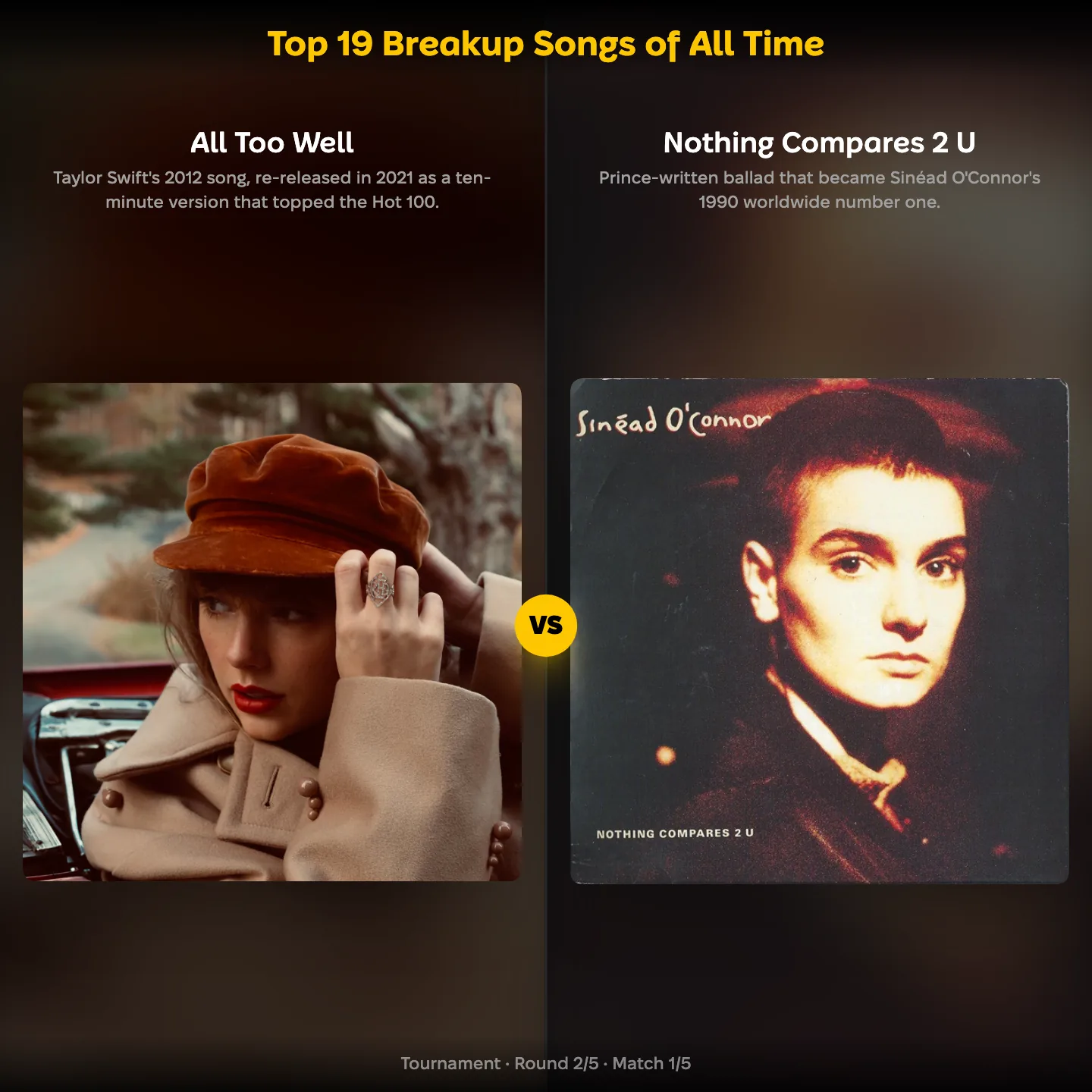 Top 19 breakup songs of all time, All Too Well against Nothing Compares 2 U