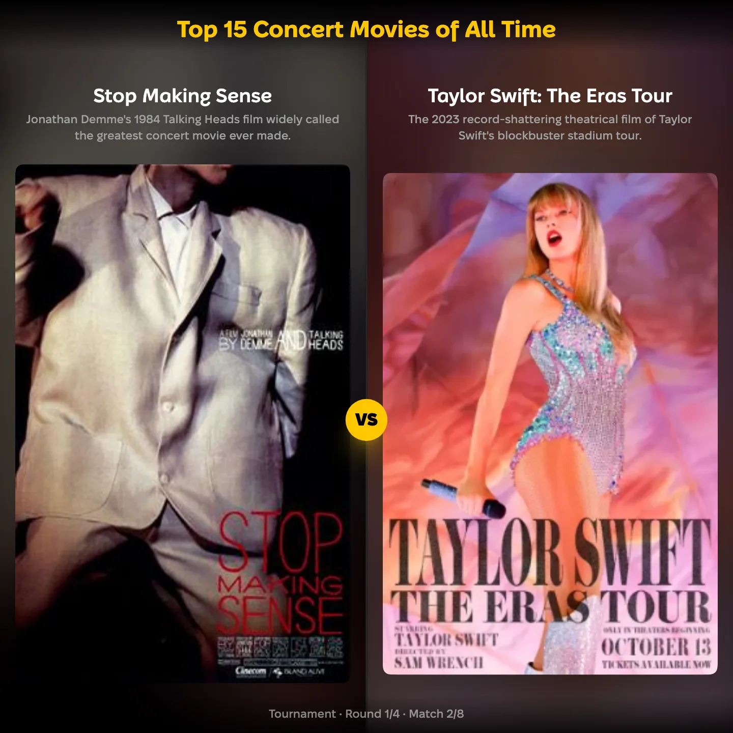 Top 15 concert movies of all time, Stop Making Sense against Taylor Swift: The Eras Tour