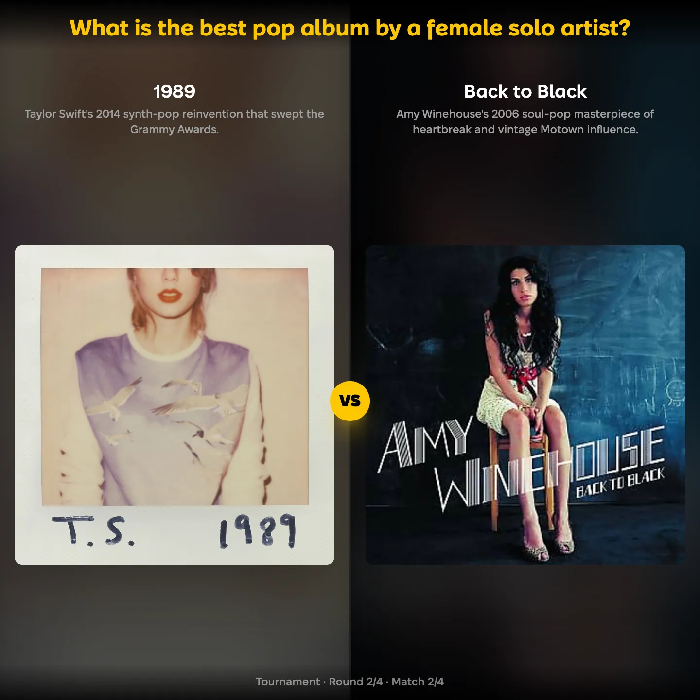 The best pop album by a female solo artist, 1989 against Back to Black