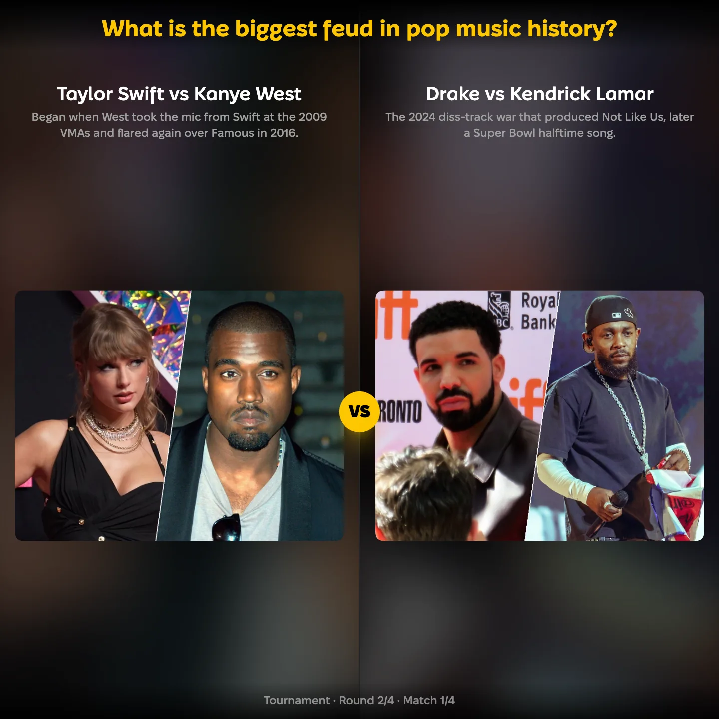 The biggest feud in pop music history, Taylor Swift vs Kanye West against Drake vs Kendrick Lamar