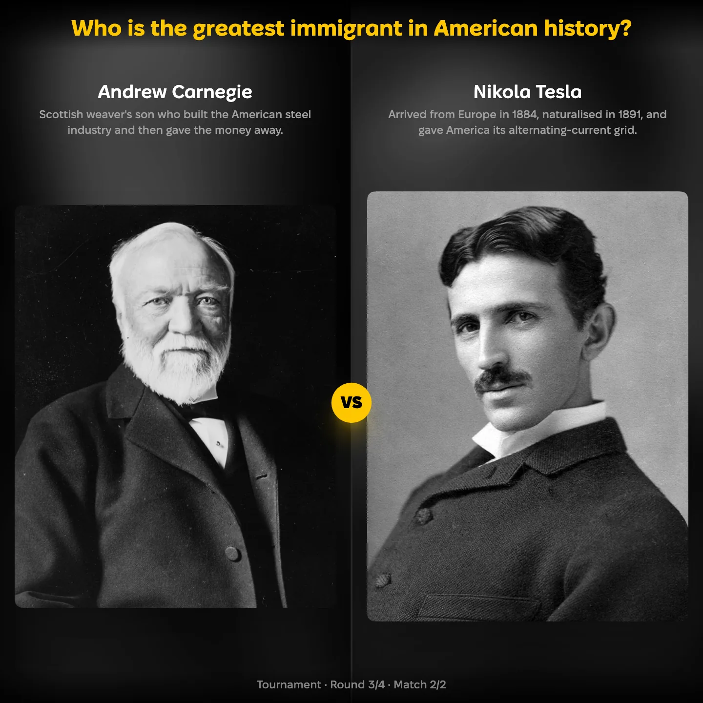 The greatest immigrant in American history ranked, with Andrew Carnegie against Nikola Tesla