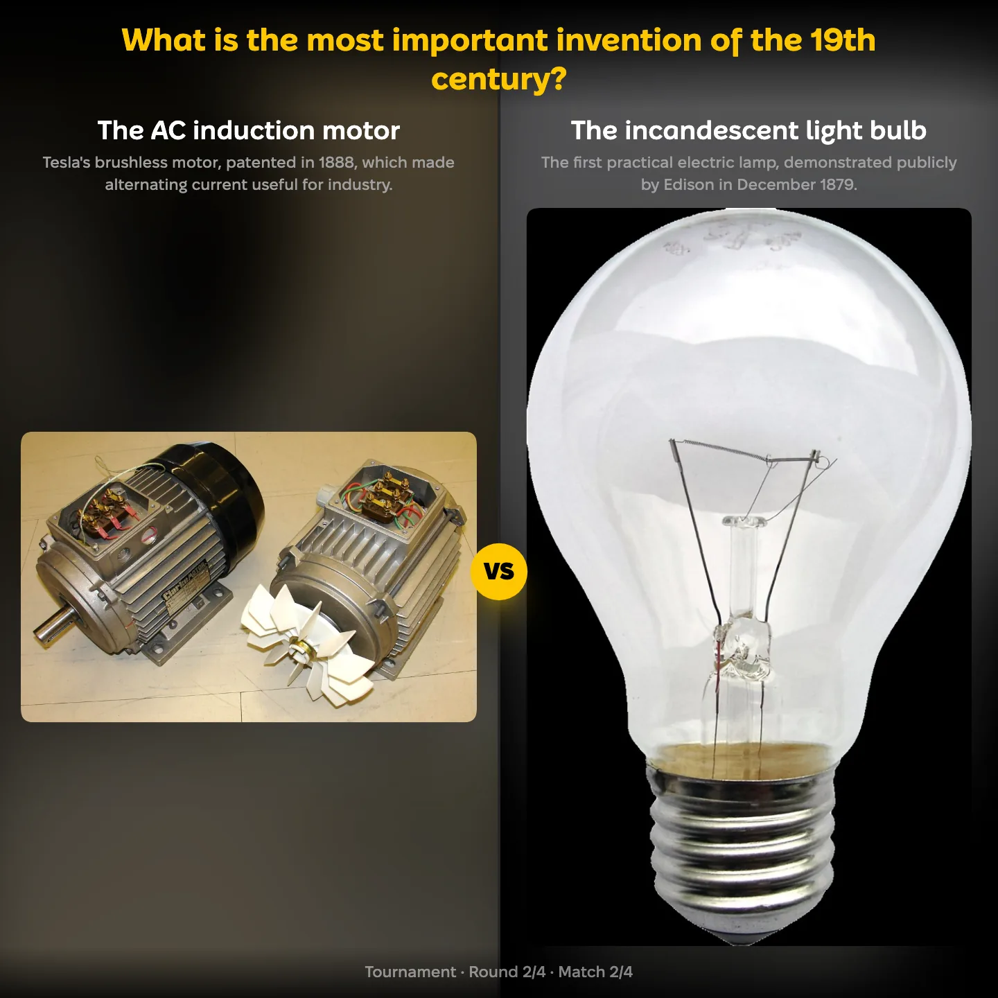The most important invention of the 19th century ranked, the AC induction motor against the incandescent light bulb