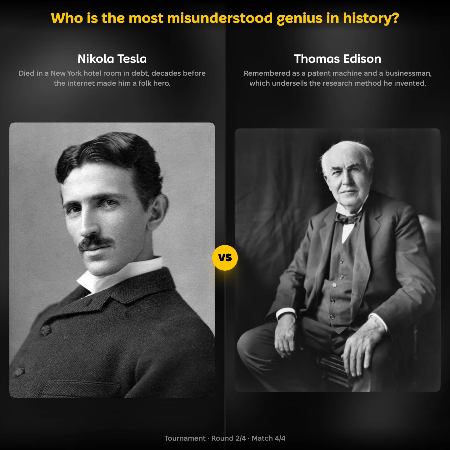 The most misunderstood genius in history ranked, with Nikola Tesla against Thomas Edison