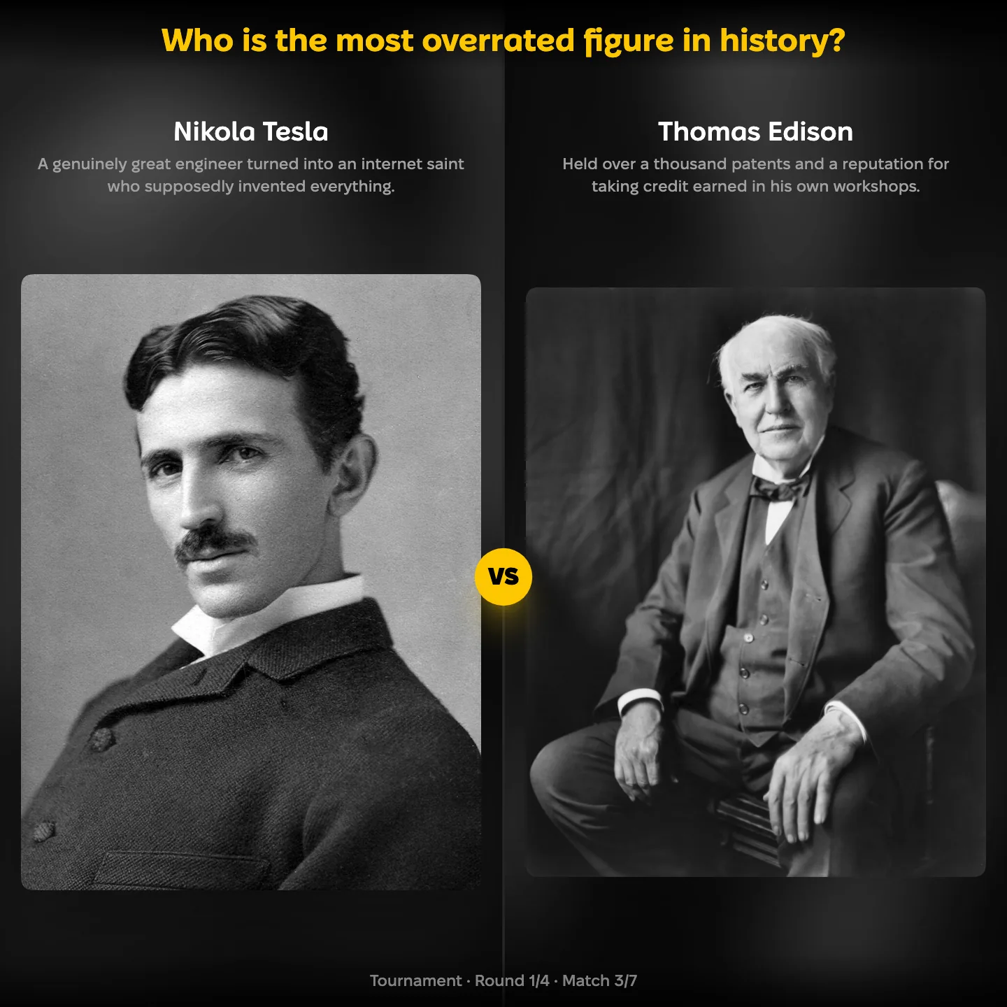 The most overrated figure in history ranked, with Nikola Tesla against Thomas Edison