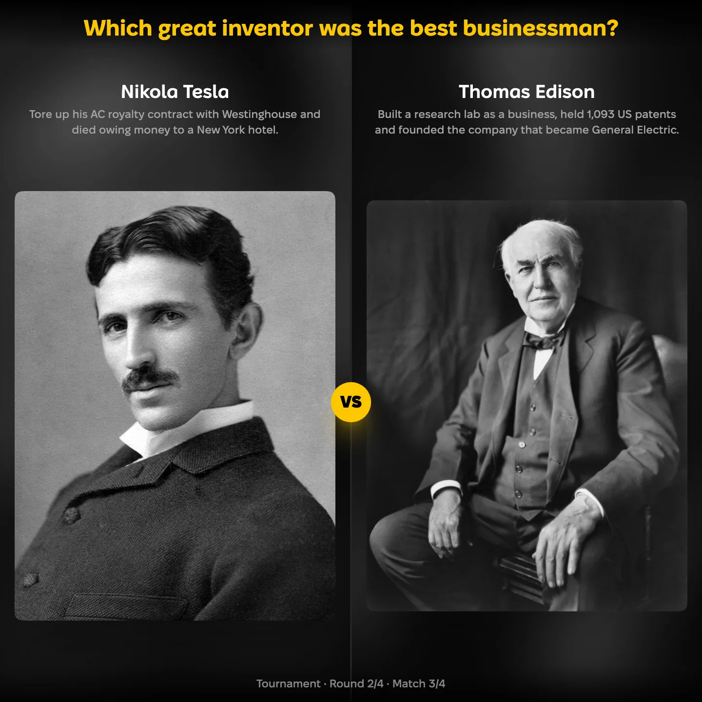 Which great inventor was the best businessman, with Nikola Tesla against Thomas Edison