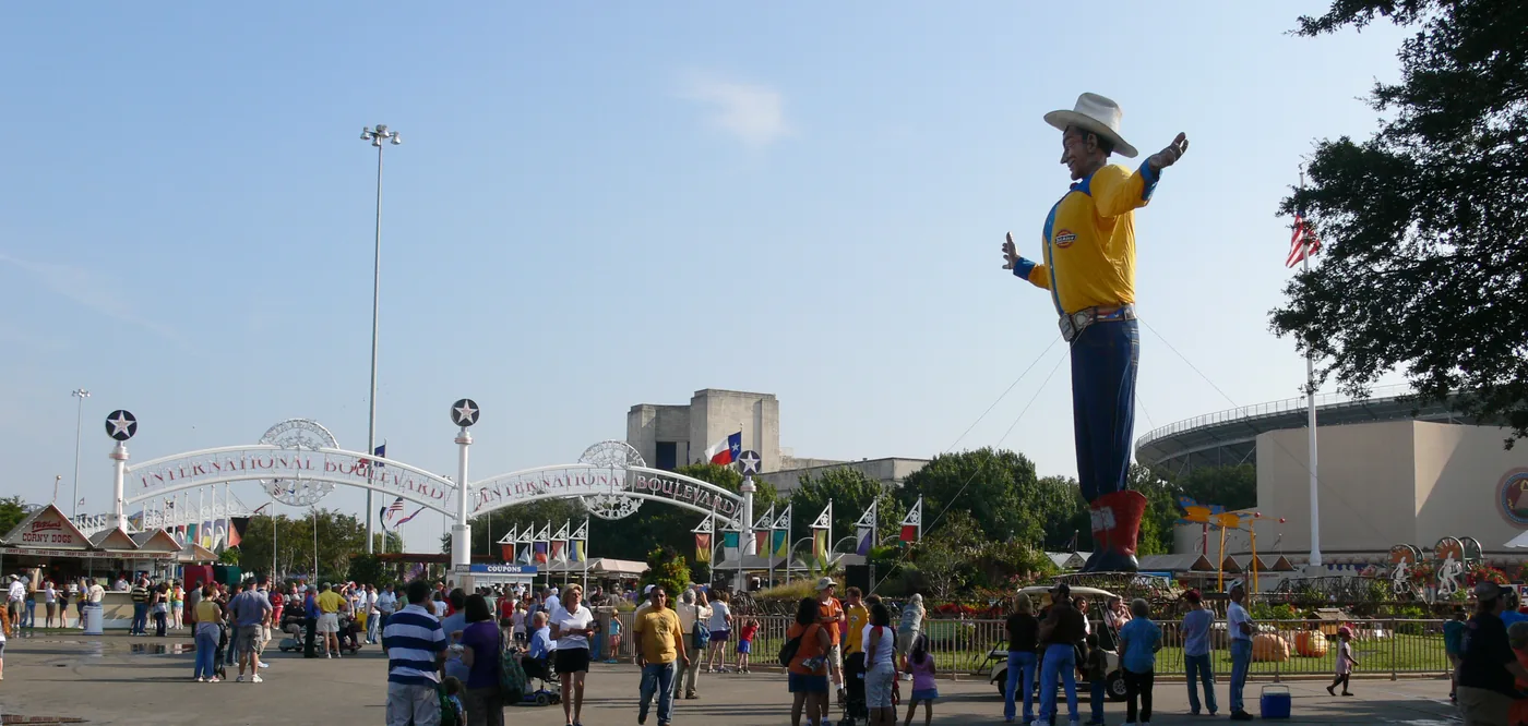 Big Tex, the 55-foot cowboy at Fair Park in Dallas, above the crowds at the State Fair of Texas