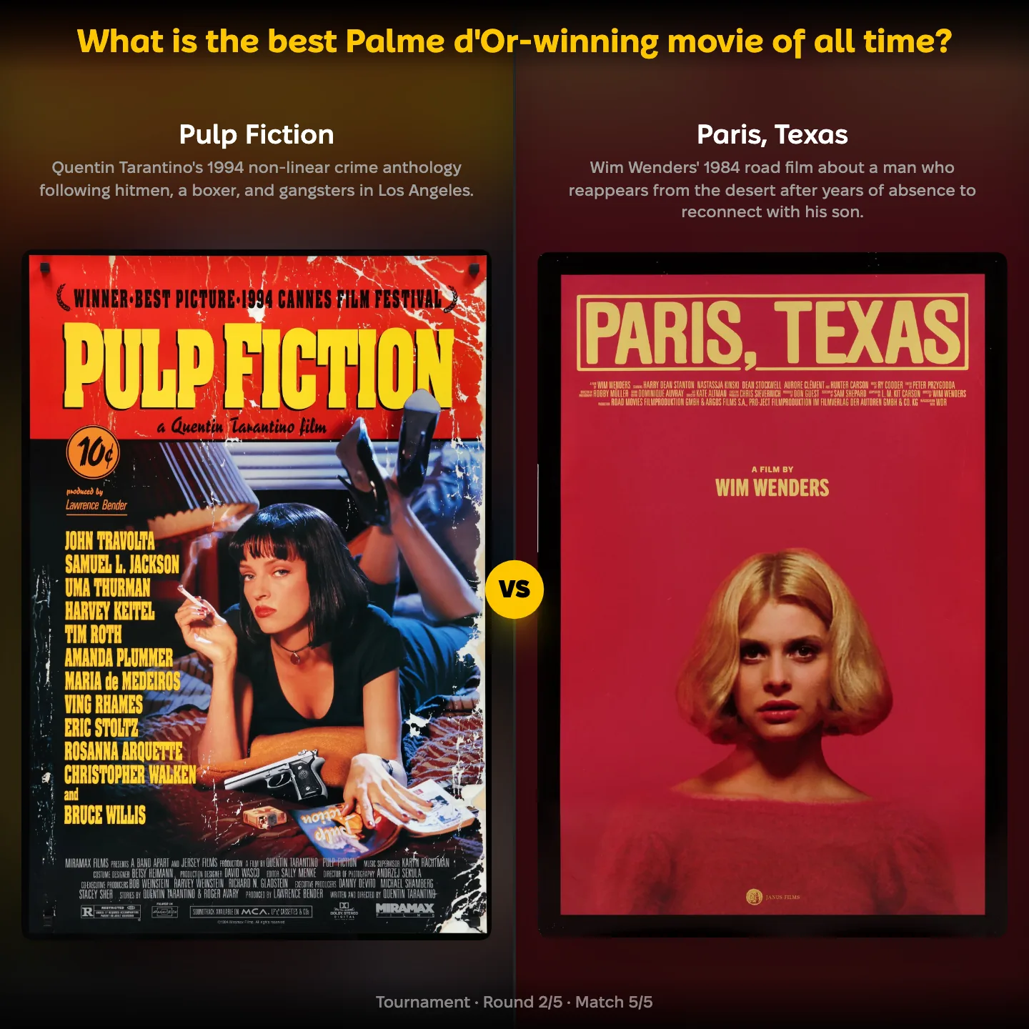 The best Palme d'Or-winning movie of all time ranked, with Pulp Fiction against Paris, Texas