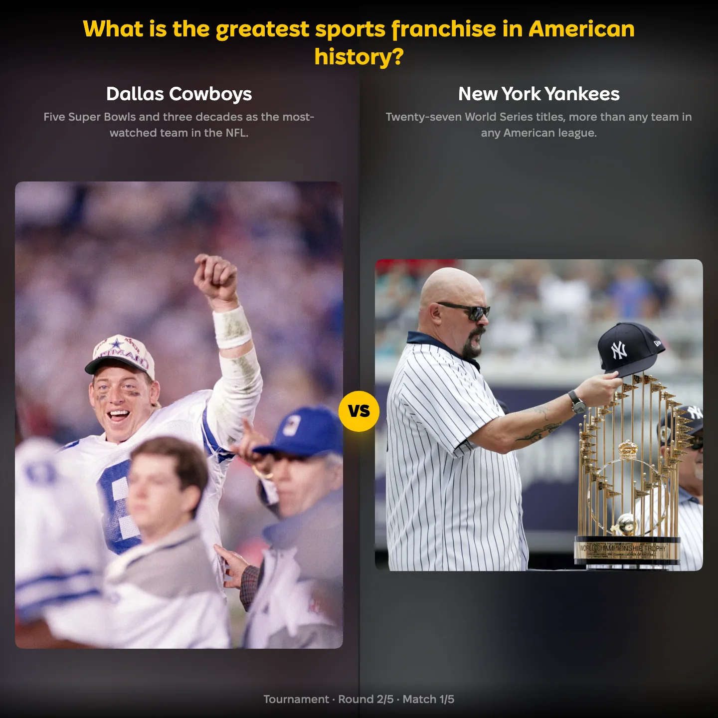 The greatest sports franchise in American history ranked, with the Dallas Cowboys against the New York Yankees