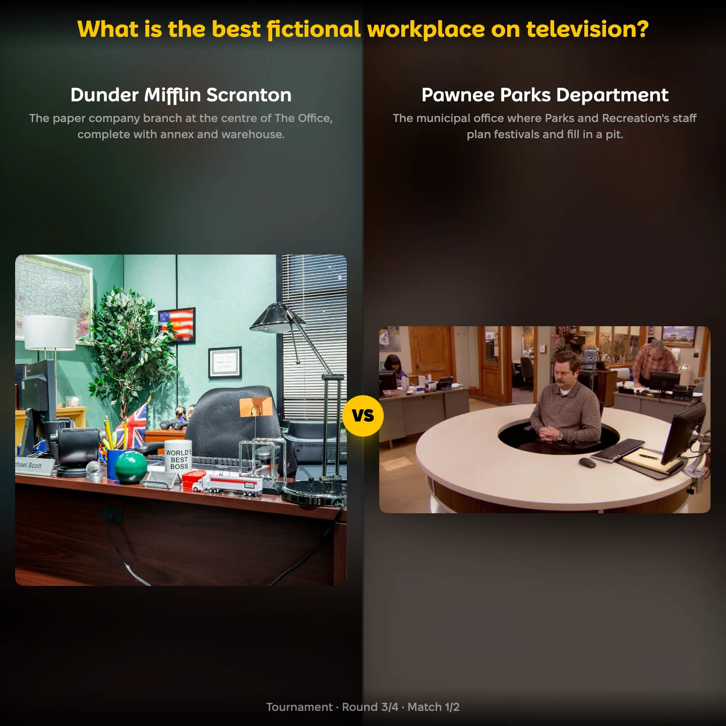 The best fictional workplace on television, with Dunder Mifflin Scranton facing the Pawnee Parks Department