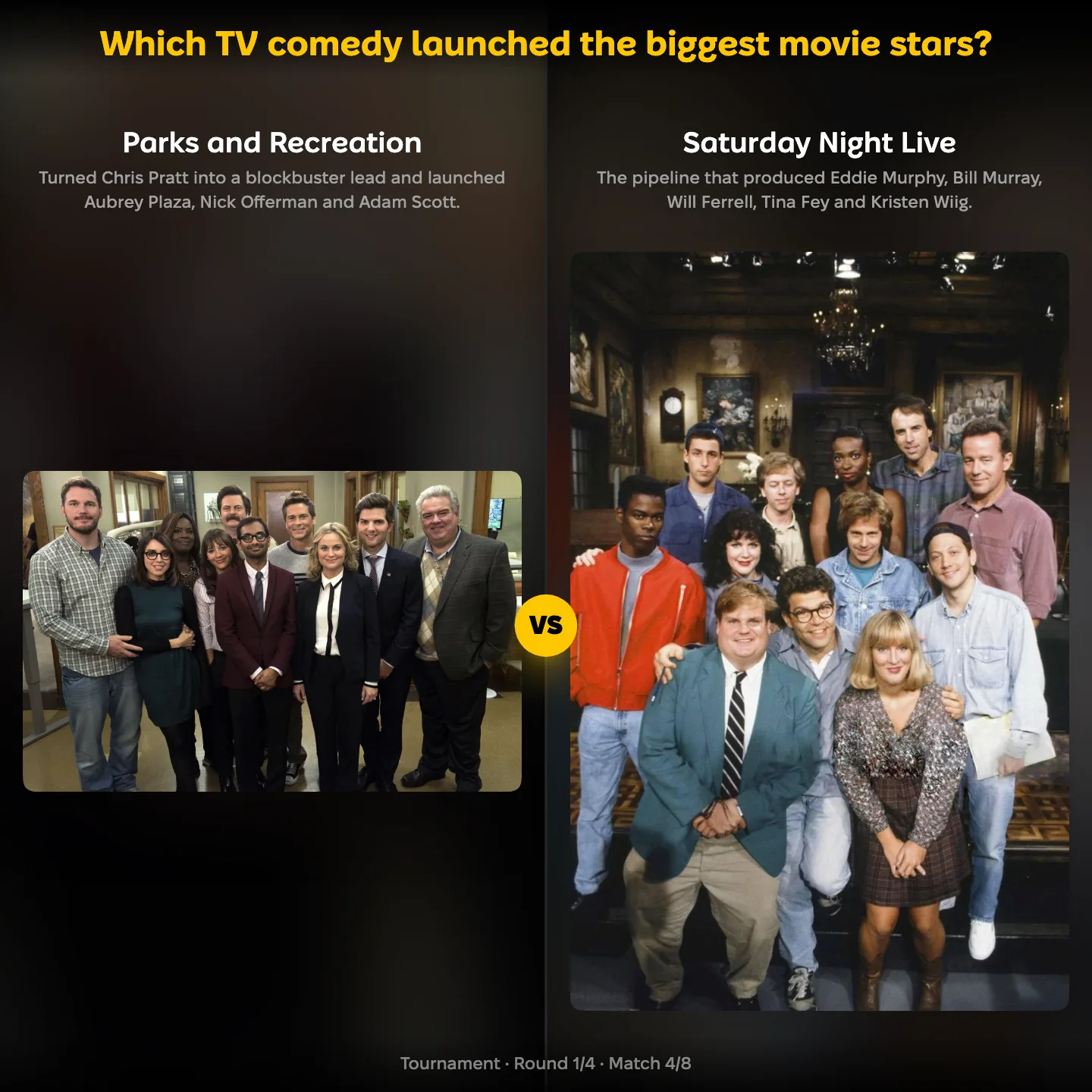 Which TV comedy launched the biggest movie stars, with Parks and Recreation facing Saturday Night Live