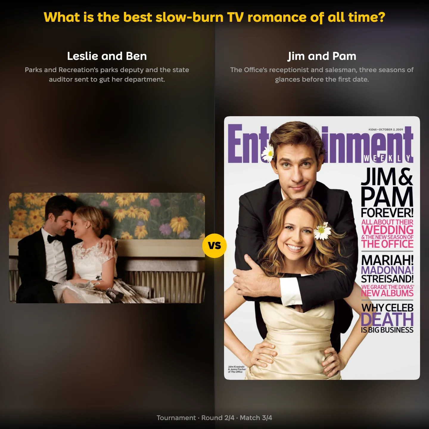 The best slow-burn TV romance of all time, with Leslie and Ben facing Jim and Pam