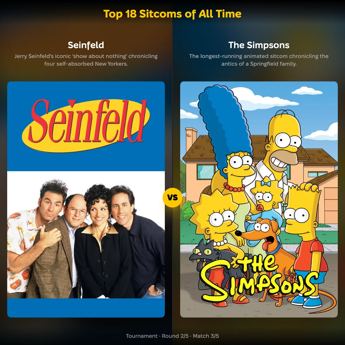 The top 18 sitcoms of all time ranked, with Seinfeld against The Simpsons