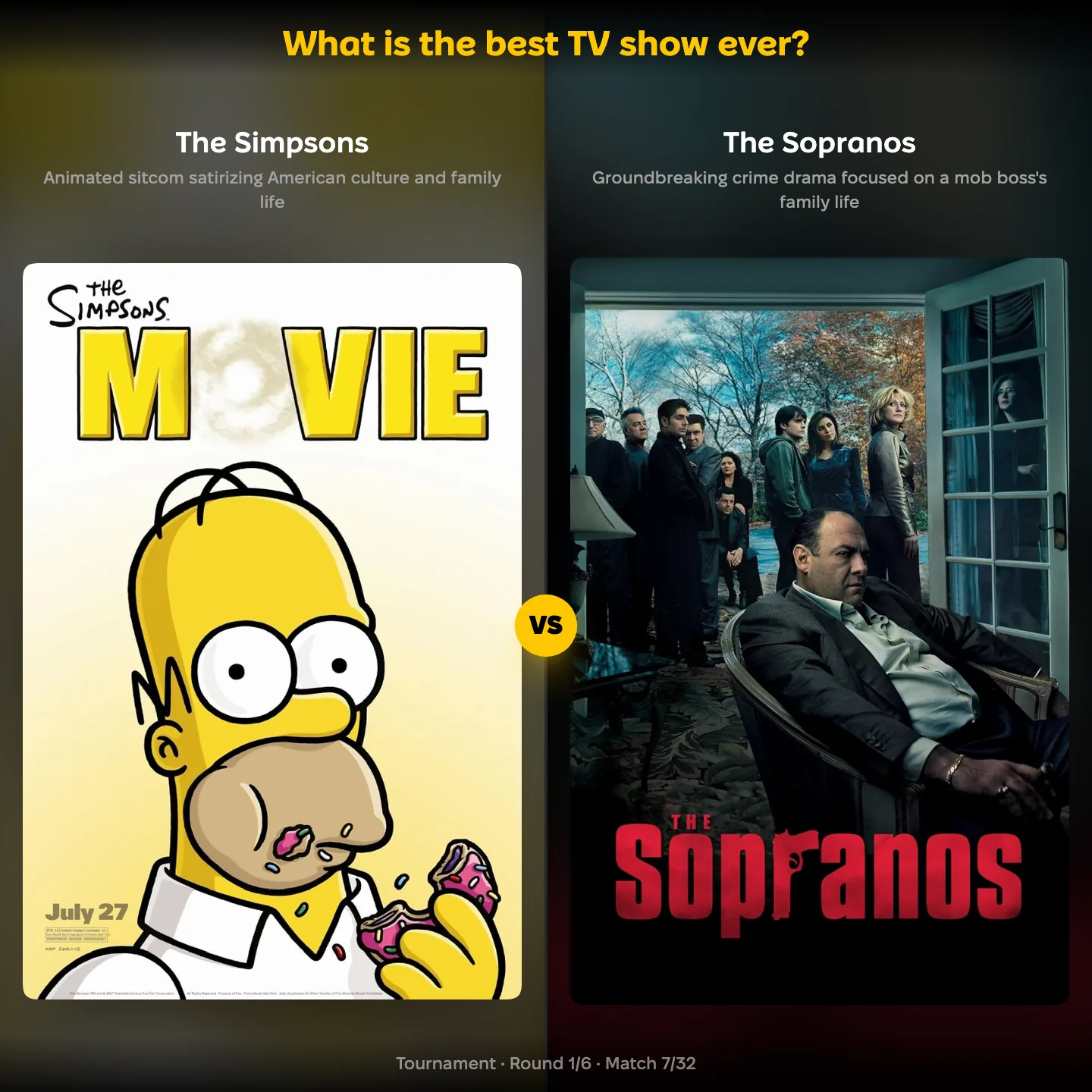 The best TV show ever ranked, with The Simpsons against The Sopranos