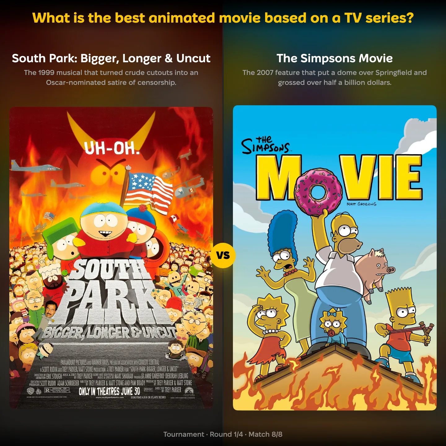 The best animated movie based on a TV series ranked, with South Park against The Simpsons Movie