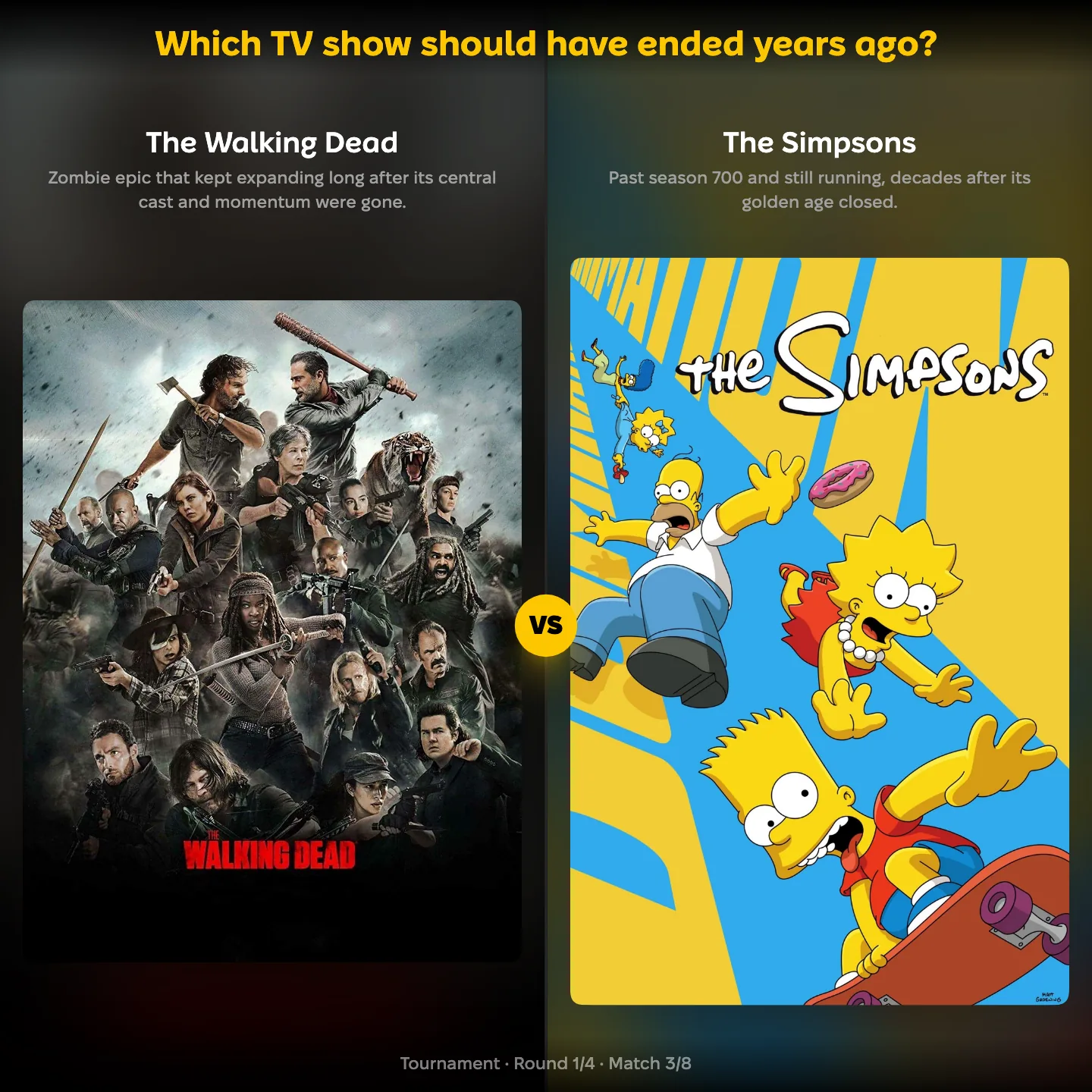A ranking of TV shows that should have ended years ago, with The Walking Dead against The Simpsons