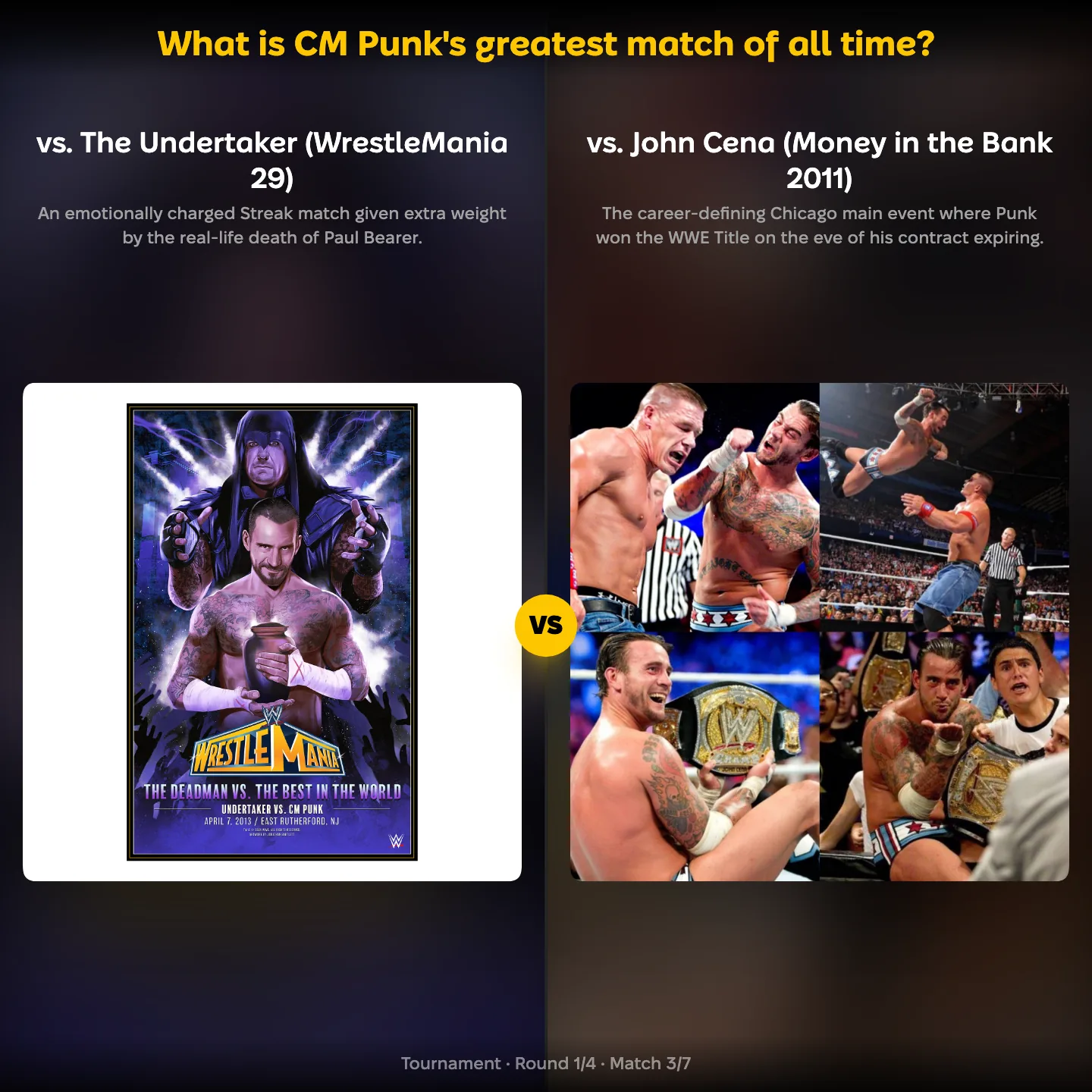 CM Punk's greatest match of all time ranked, Punk vs The Undertaker against Punk vs John Cena
