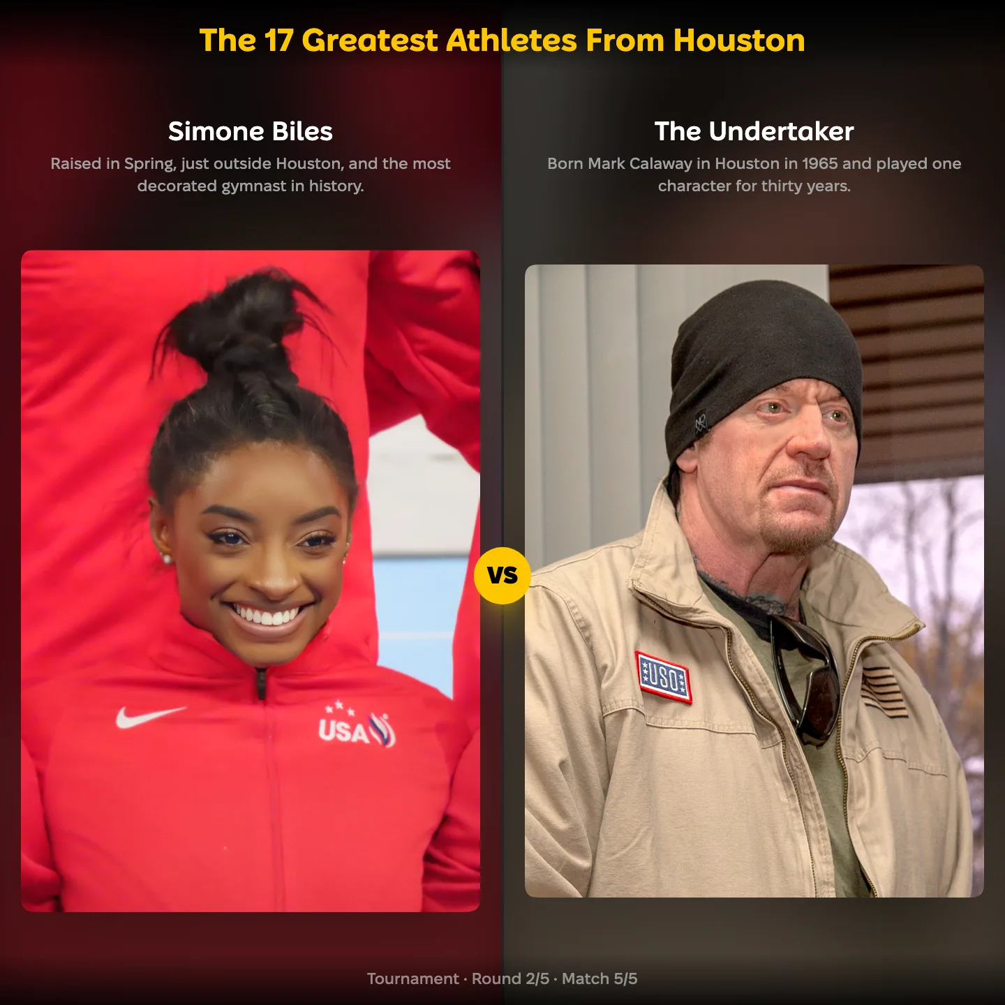 The greatest athletes from Houston ranked, Simone Biles against The Undertaker
